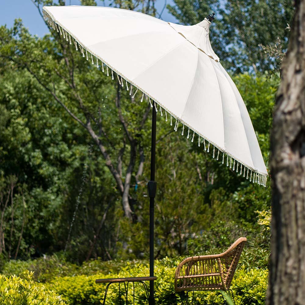 Hacienda 2.4M Beige Beaded Carousel Garden Parasol with Fringe Tassels and Aluminium Tilt - Image 2