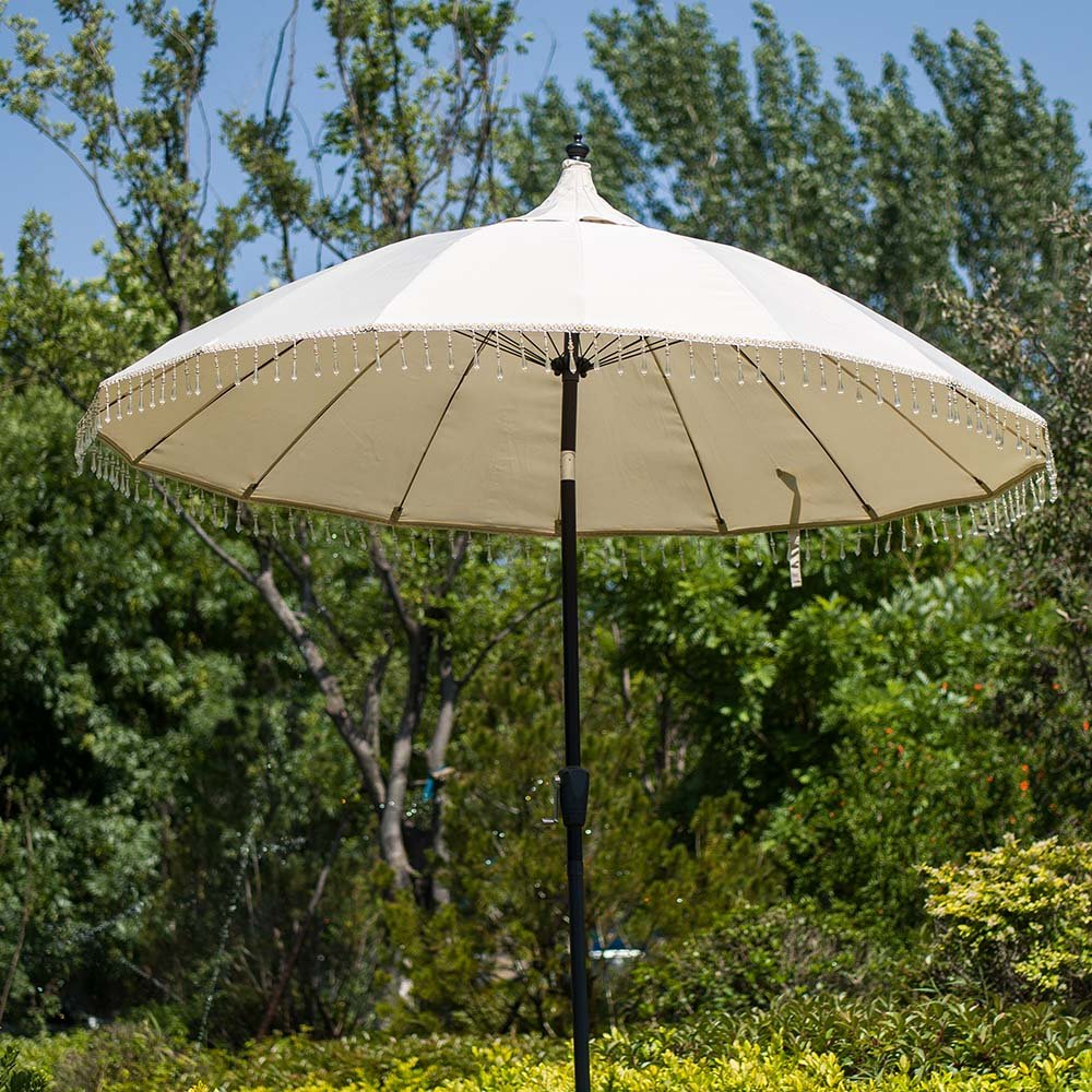 Hacienda 2.4M Beige Beaded Carousel Garden Parasol with Fringe Tassels and Aluminium Tilt - Image 3