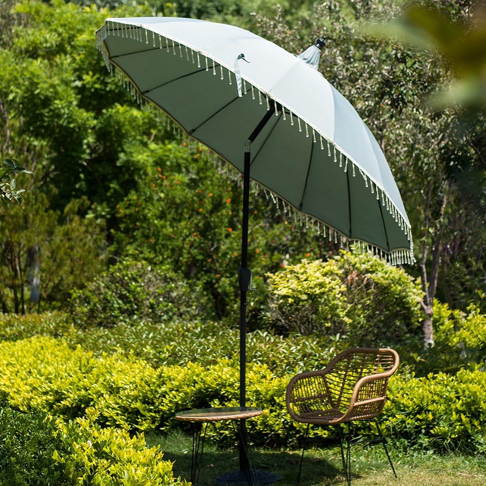 Hacienda 2.4M Light Grey Beaded Carousel Garden Parasol with Fringe Tassels and Aluminium Tilt - Image 2