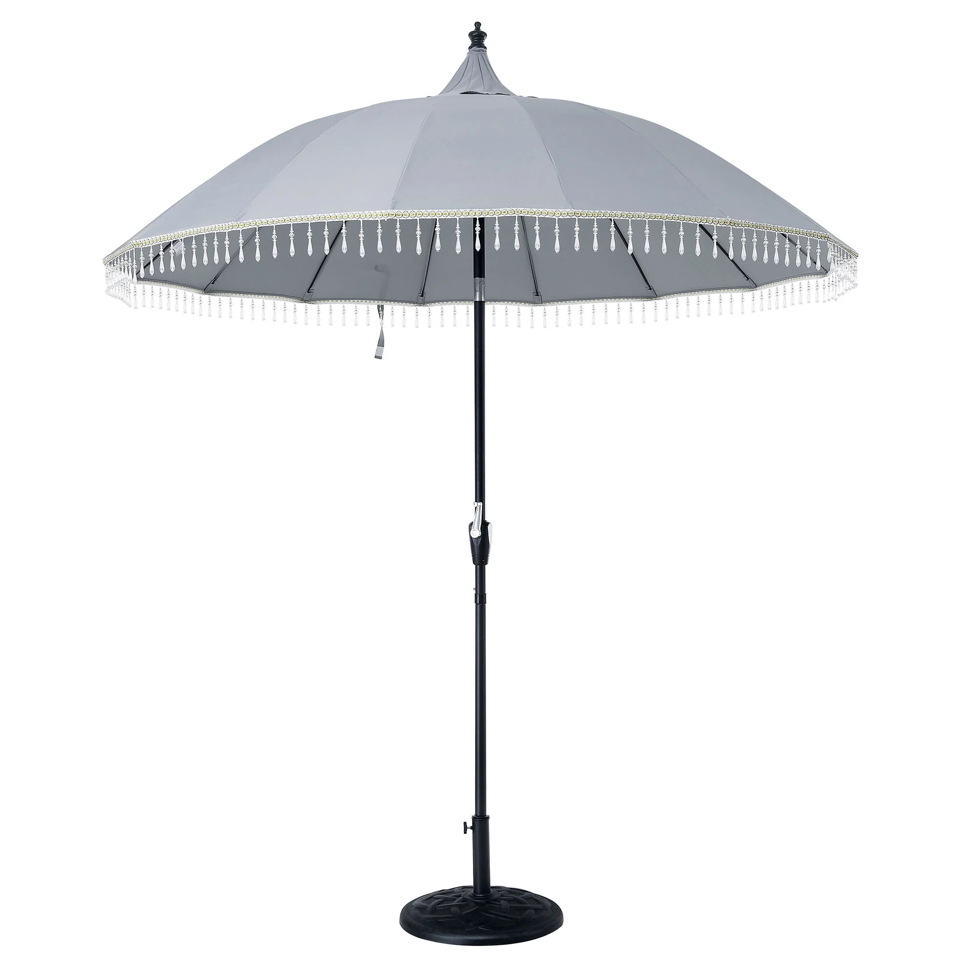 Hacienda 2.4M Light Grey Beaded Carousel Garden Parasol with Fringe Tassels and Aluminium Tilt - Image 3