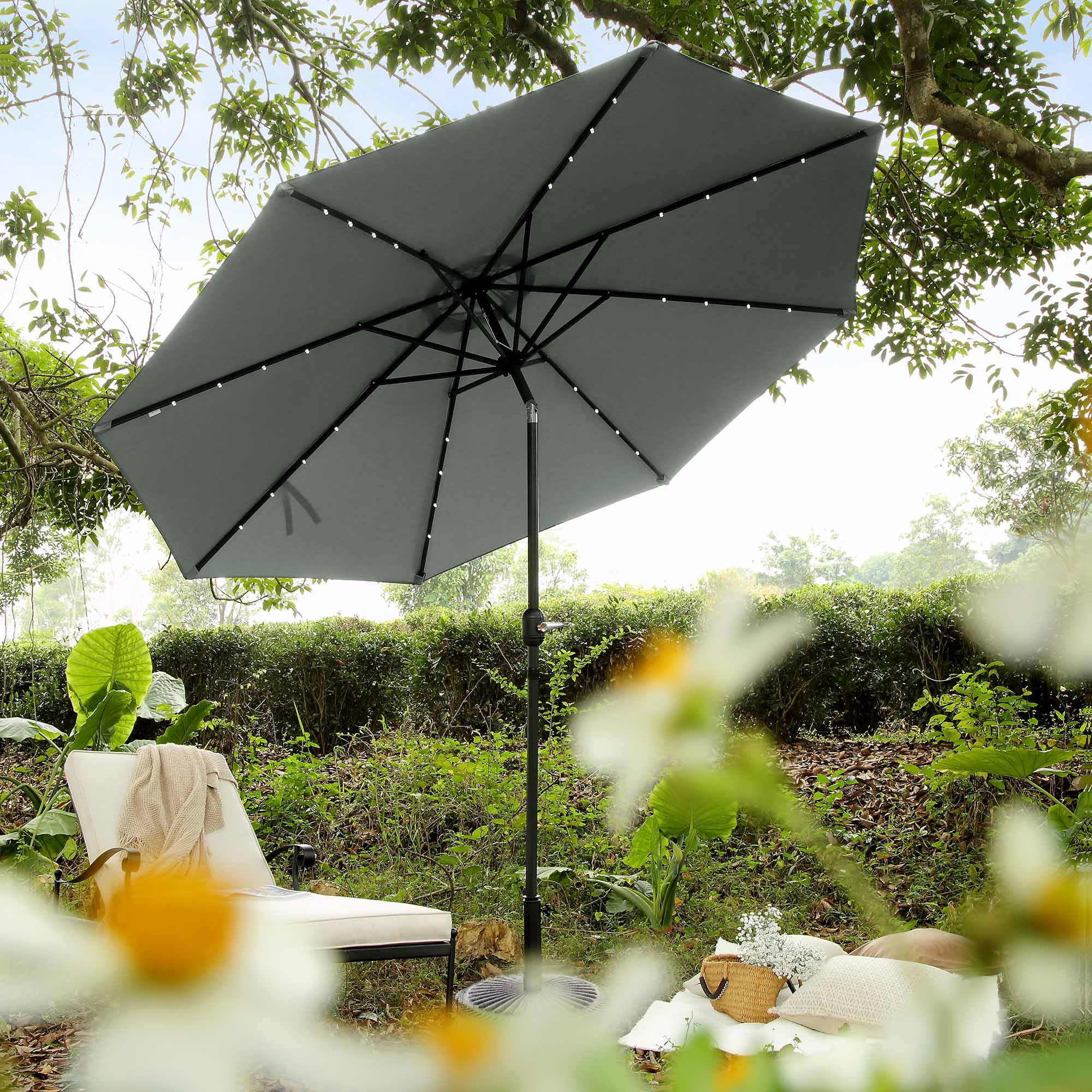 3M LED Light Aluminium Frame Garden Parasol with Tilt Crank, Grey - Image 2