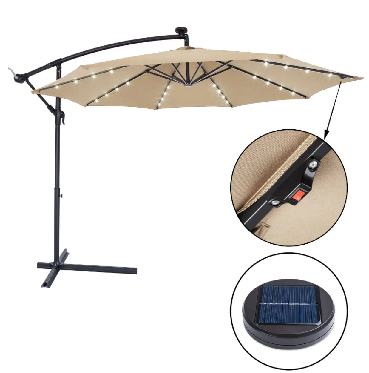 3M LED Light Cantilever Garden Leanover Parasol, Beige - Image 6