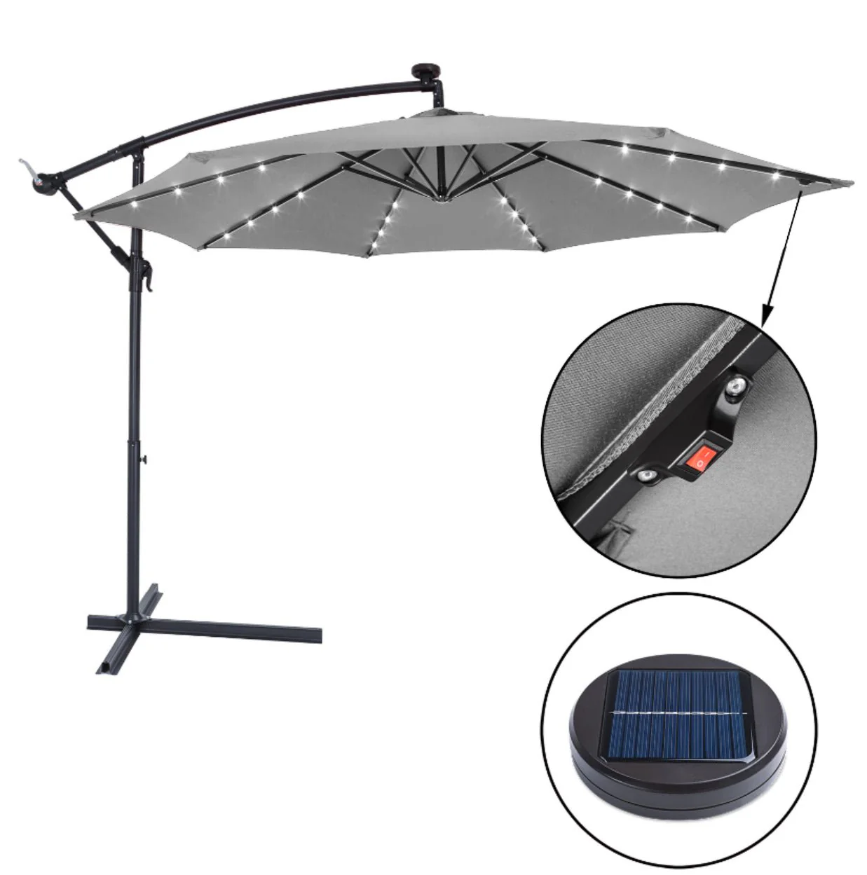 3M LED Light Cantilever Garden Leanover Parasol, Grey - Image 6