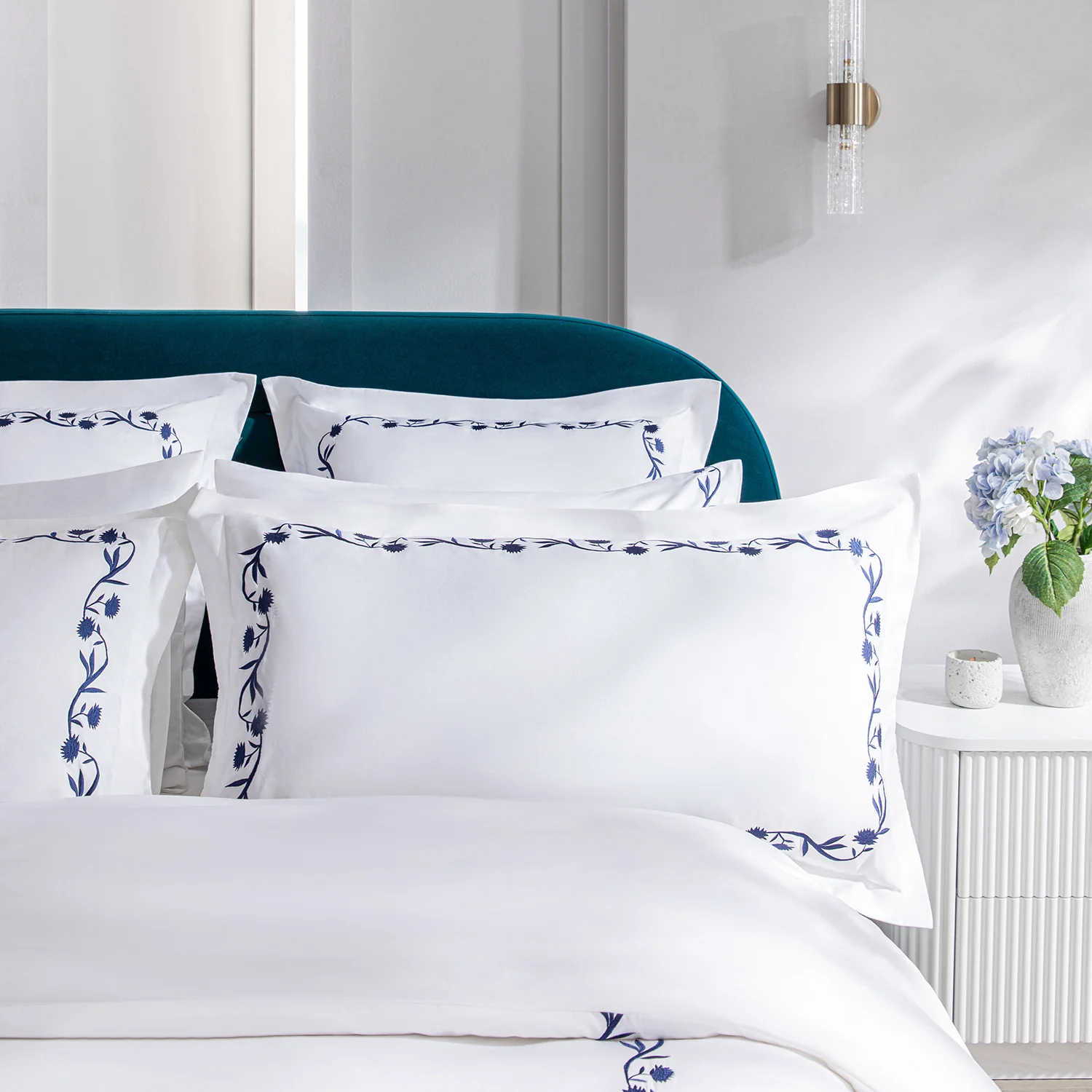 Adeline Midnight Blue Floral Embroidered 600 Thread Count Cotton Sateen King Size Oxford Pillowcases - Pair - Image 4