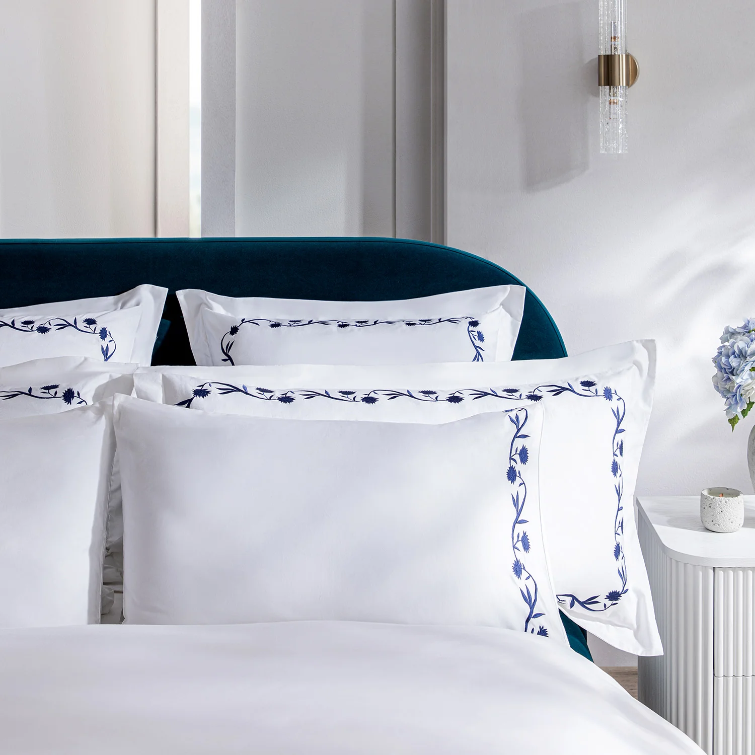 Adeline Midnight Blue Floral Embroidered 600 Thread Count Cotton Sateen Regular Pillowcases - Pair - Image 5