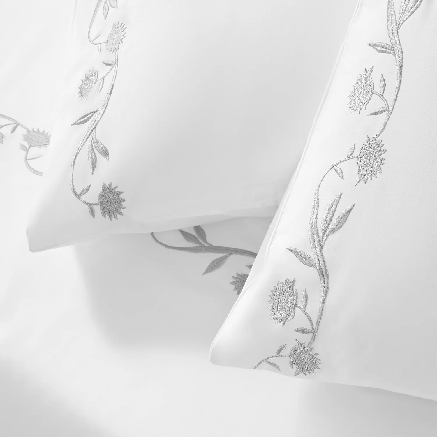 Adeline Moonshine Grey Floral Embroidered 600 Thread Count Cotton Sateen Regular Pillowcases - Pair - Image 3