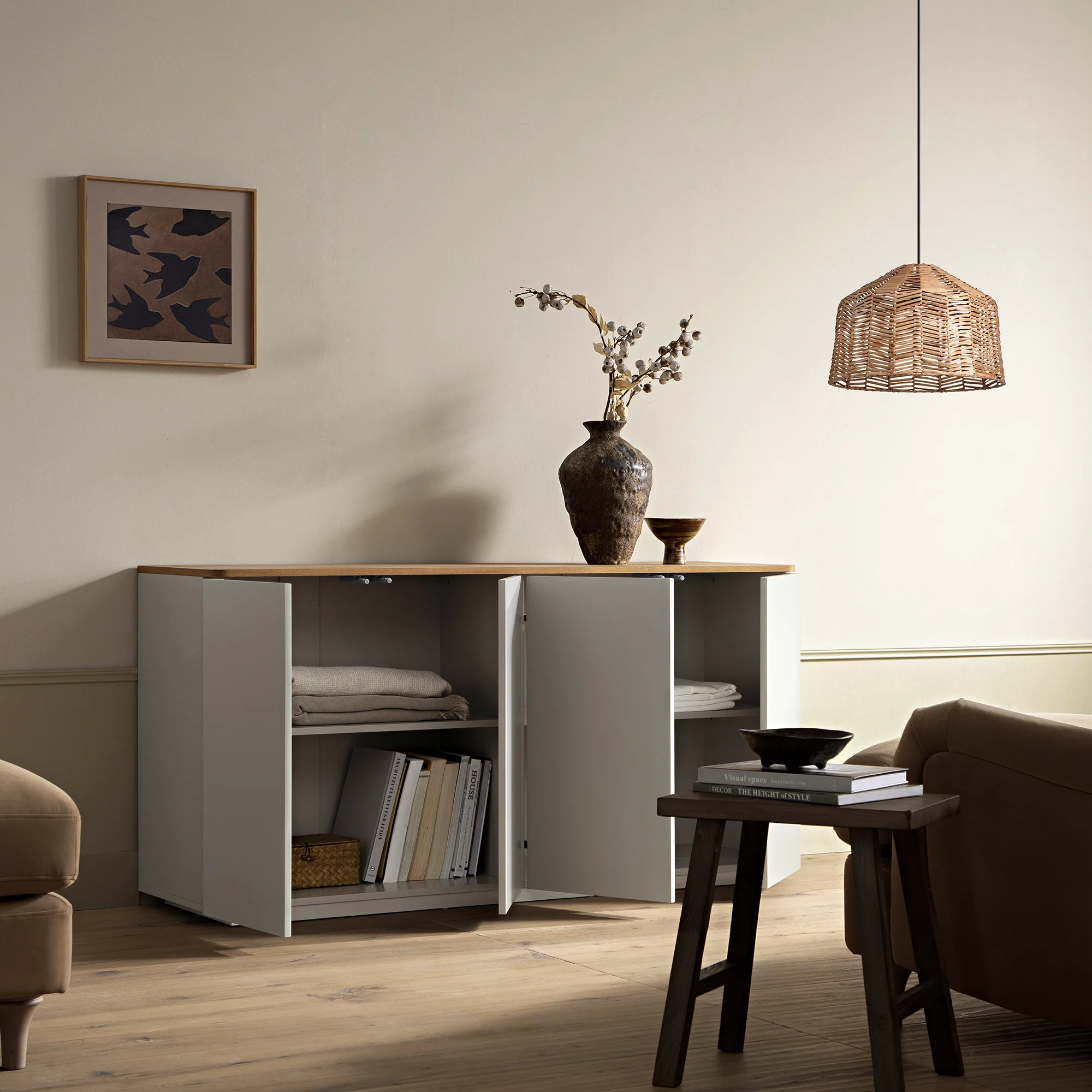 Agnes Curved Edge 150cm Wide Sideboard, Dove Grey with Oak Top - Image 3