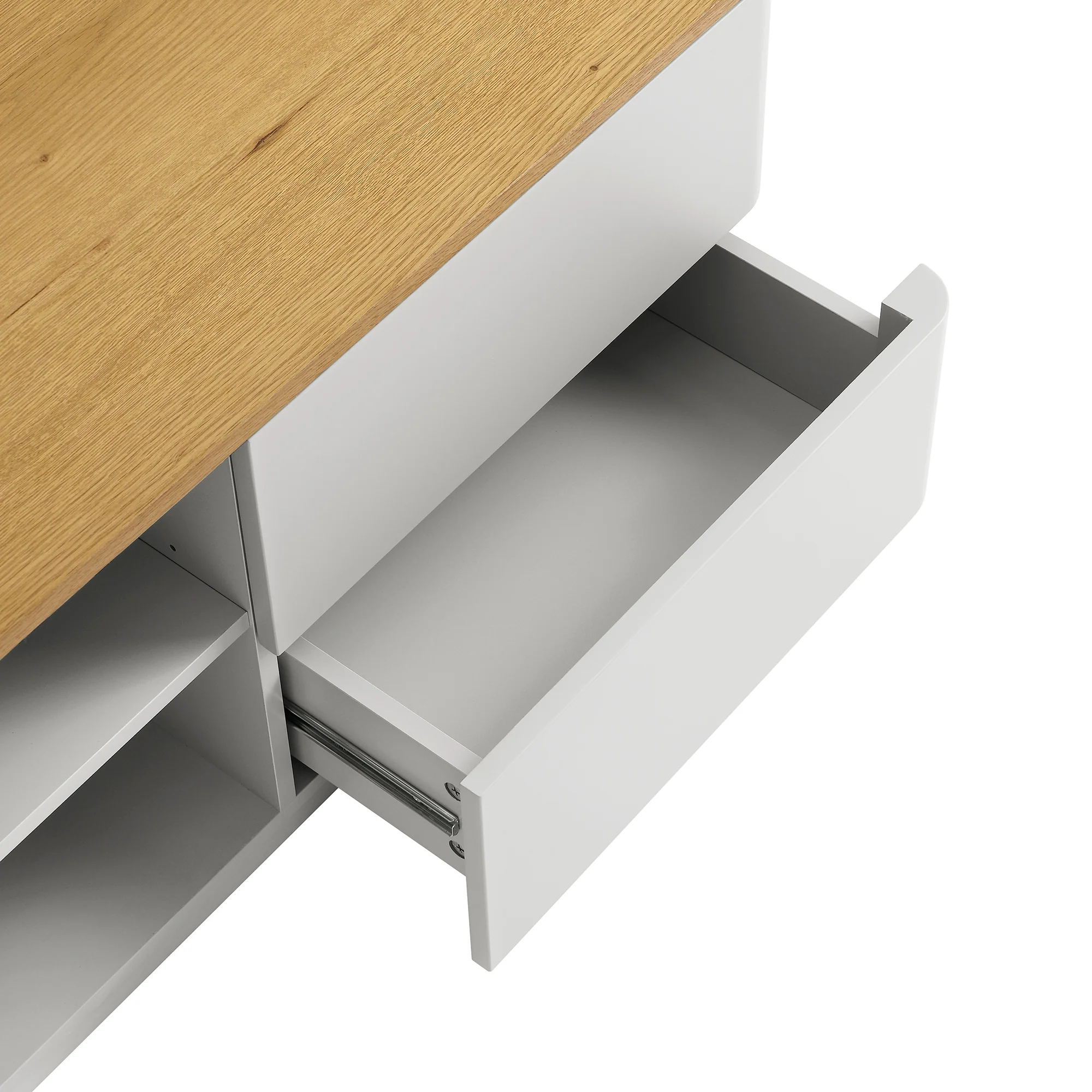 Agnes Curved Edge 150cm Wide TV Unit, Dove Grey with Oak Top - Image 13