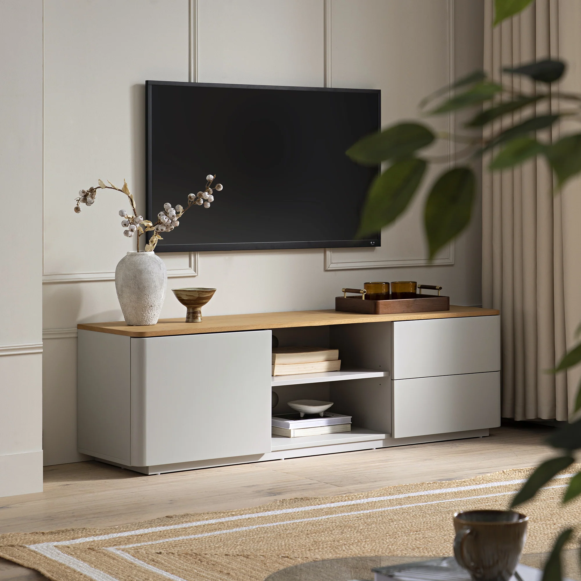 Agnes Curved Edge 150cm Wide TV Unit, Dove Grey with Oak Top - Image 2
