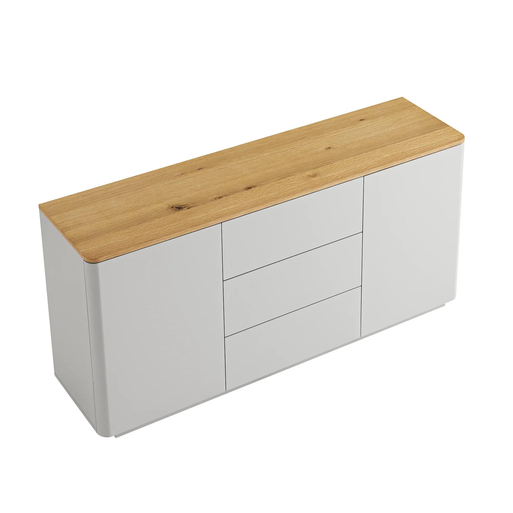Agnes Curved Edge 2 Door 3 Drawer Wide Sideboard, Dove Grey with Oak Top - Image 11