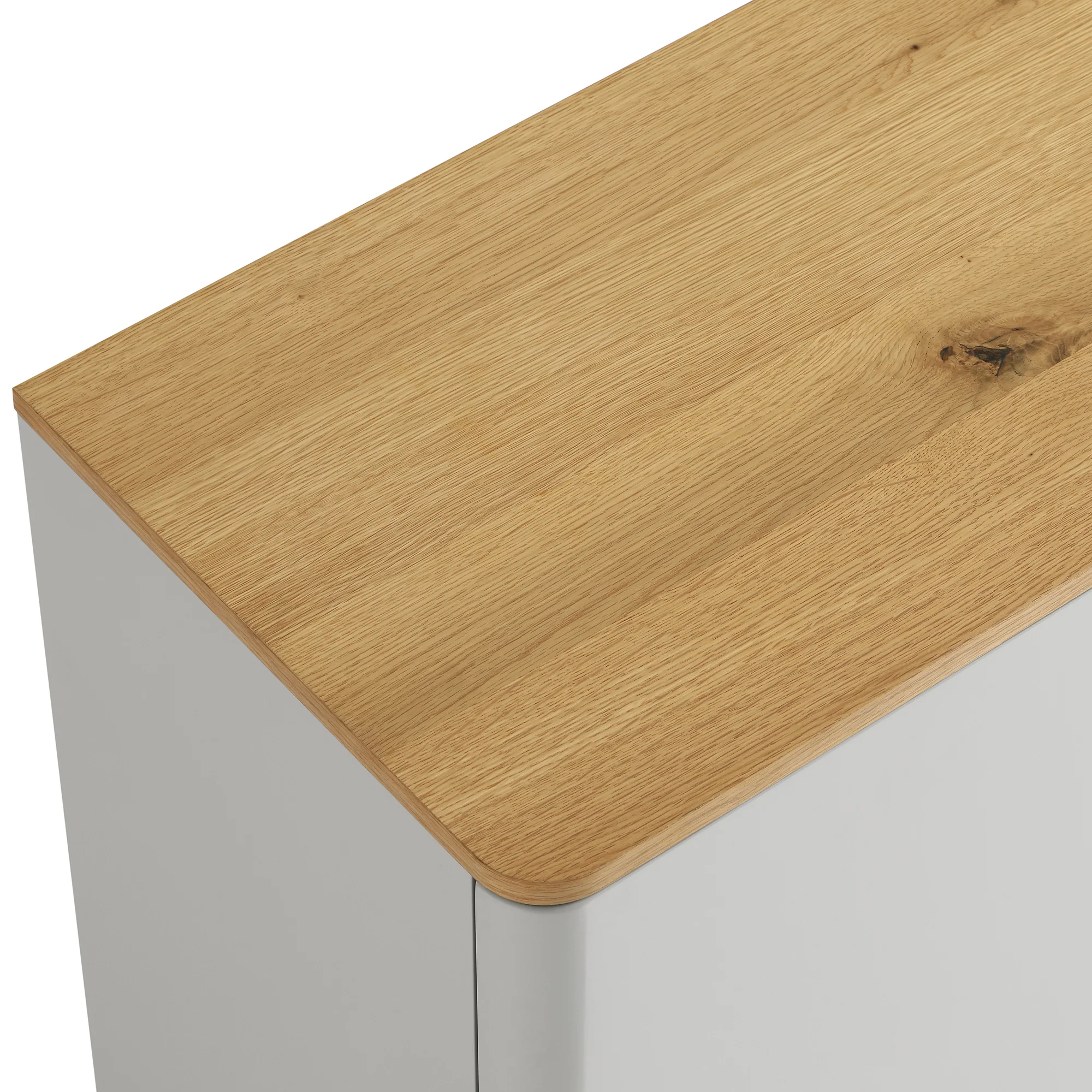 Agnes Curved Edge 2 Door 3 Drawer Wide Sideboard, Dove Grey with Oak Top - Image 13