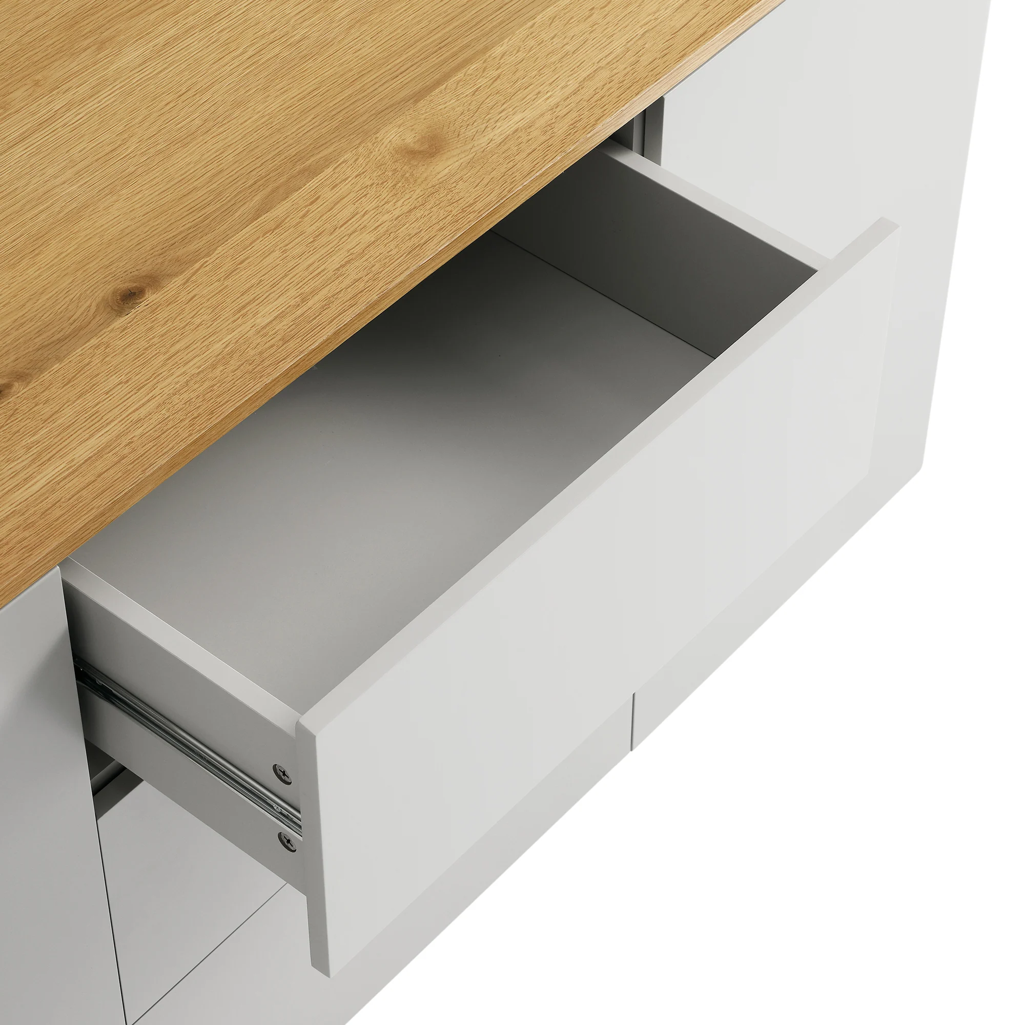 Agnes Curved Edge 2 Door 3 Drawer Wide Sideboard, Dove Grey with Oak Top - Image 15