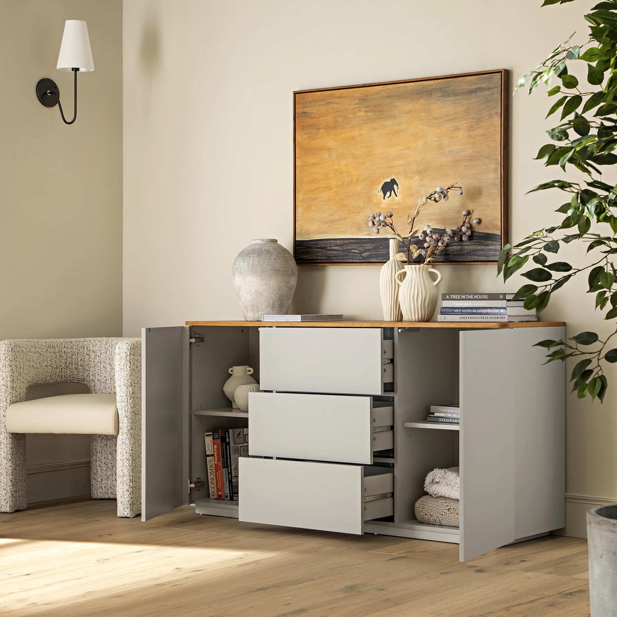 Agnes Curved Edge 2 Door 3 Drawer Wide Sideboard, Dove Grey with Oak Top - Image 3