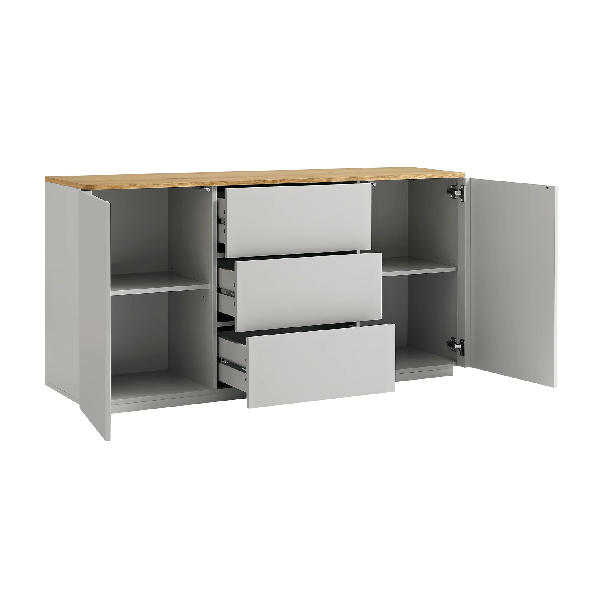 Agnes Curved Edge 2 Door 3 Drawer Wide Sideboard, Dove Grey with Oak Top - Image 9