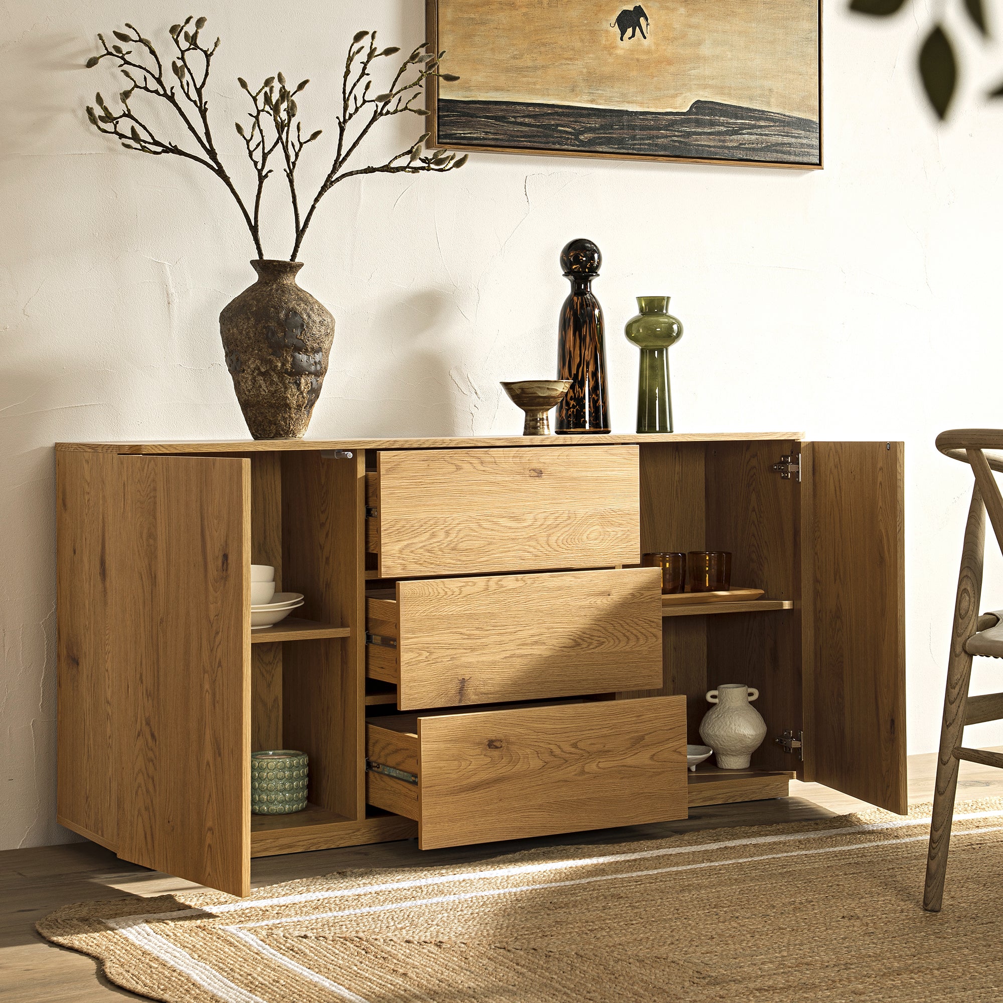Agnes Curved Edge 2 Door 3 Drawer Wide Sideboard, Natural - Image 3