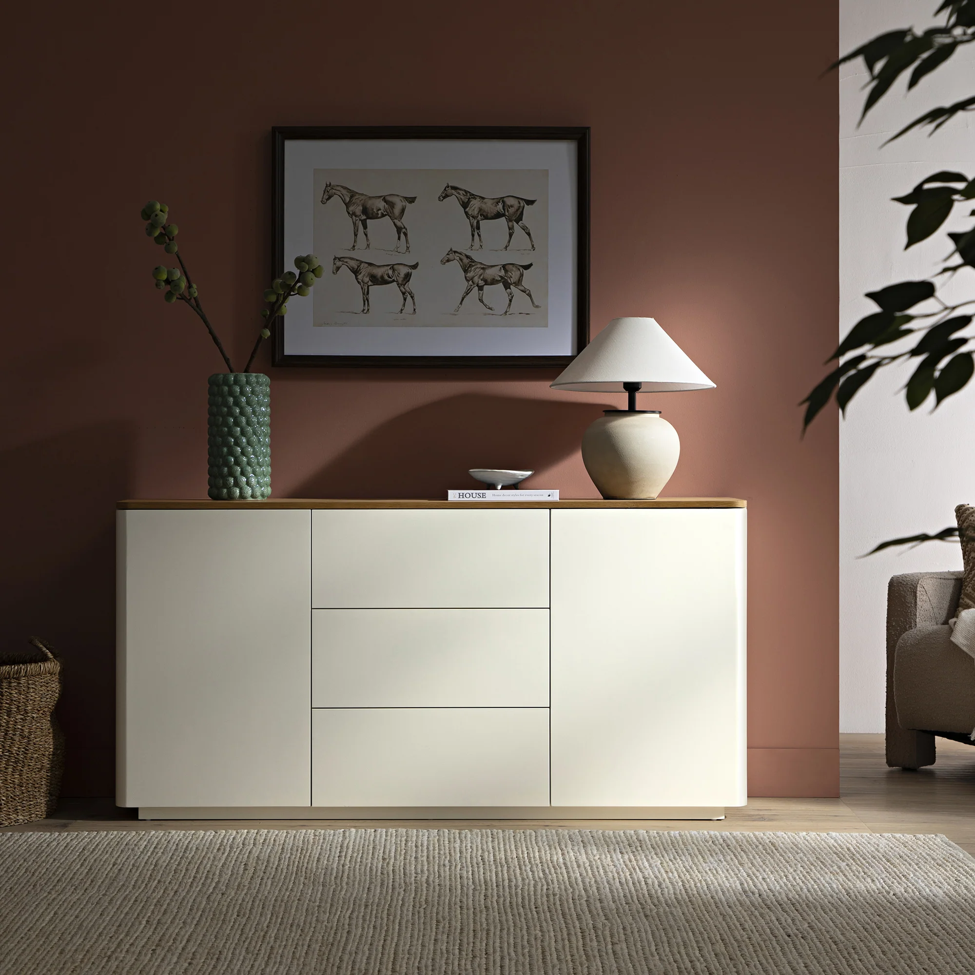 Agnes Curved Edge 2 Door 3 Drawer Wide Sideboard, Off White with Oak Top - Image 2