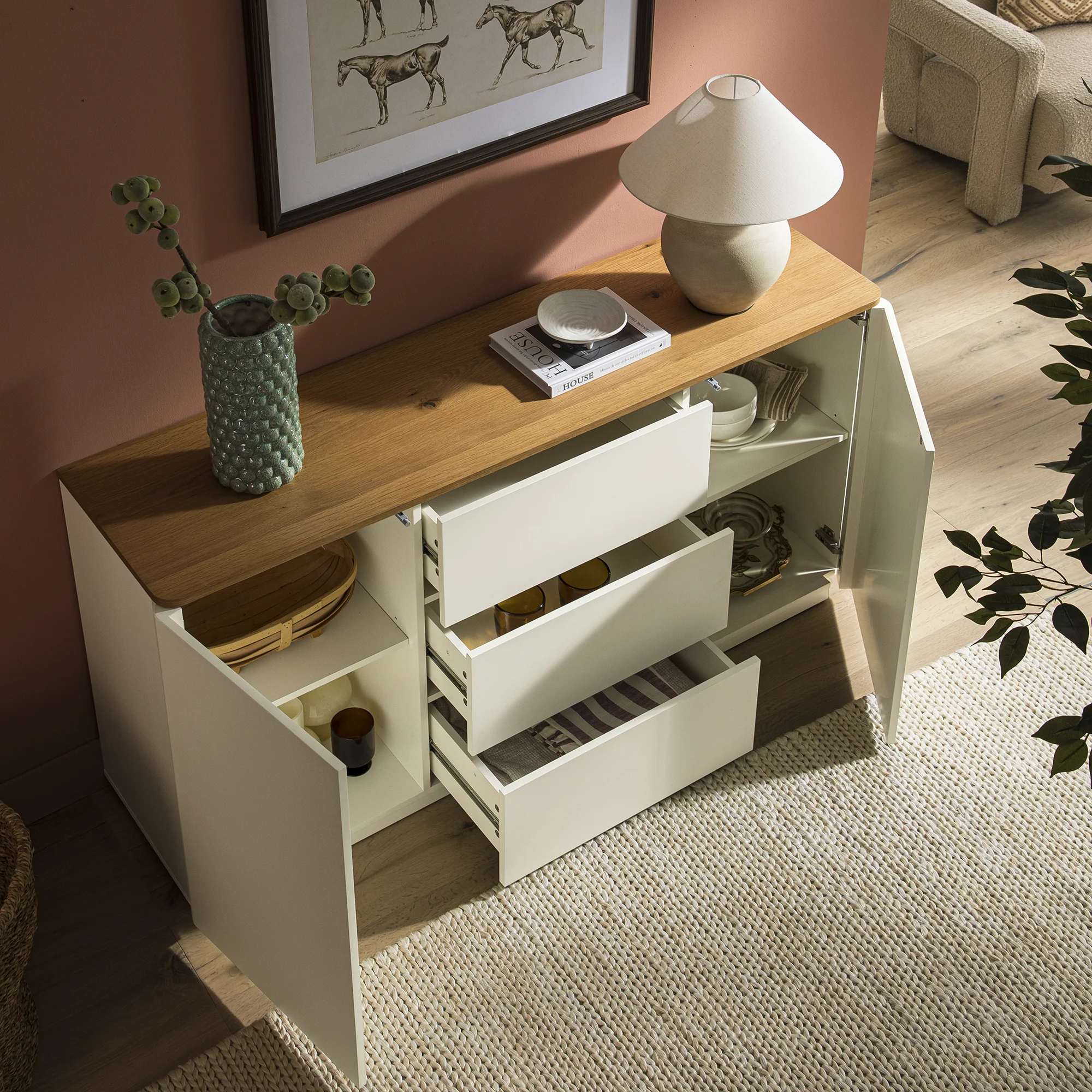 Agnes Curved Edge 2 Door 3 Drawer Wide Sideboard, Off White with Oak Top - Image 3