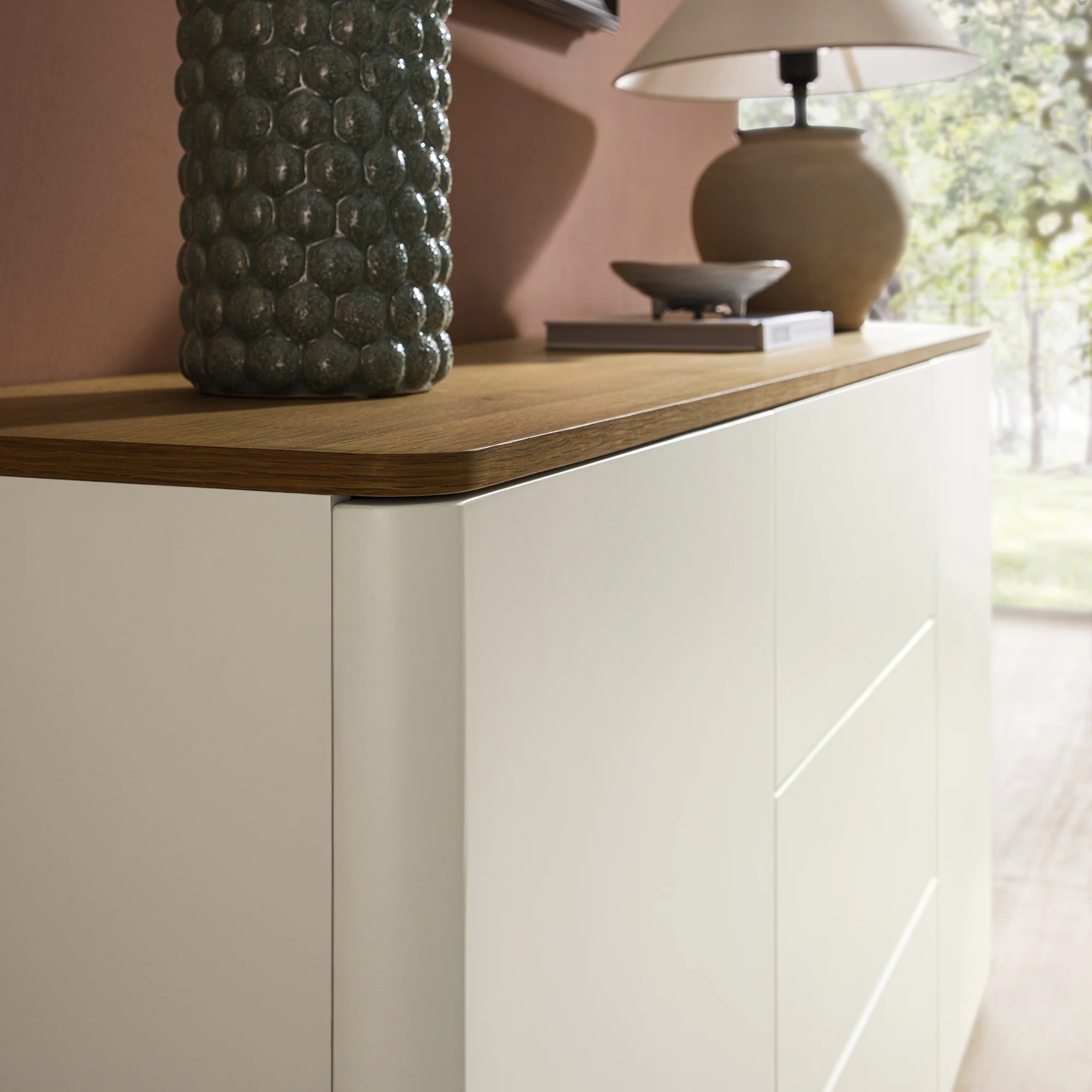 Agnes Curved Edge 2 Door 3 Drawer Wide Sideboard, Off White with Oak Top - Image 4