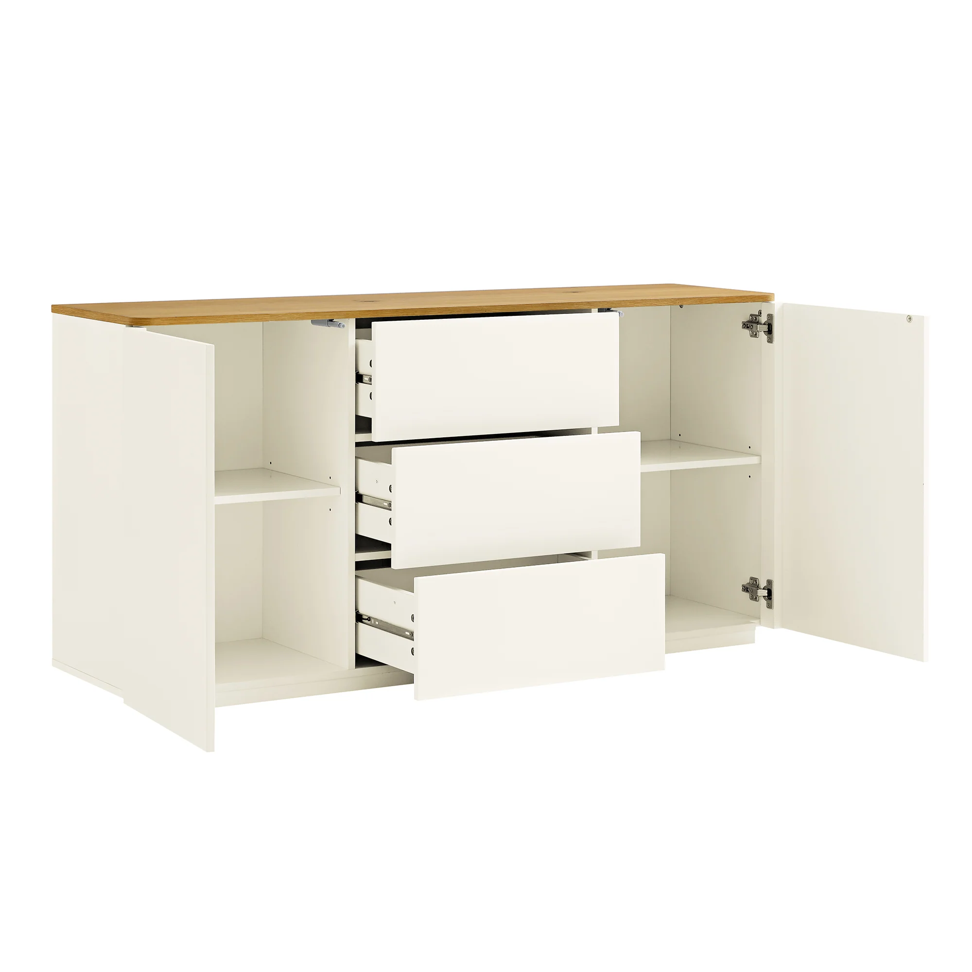 Agnes Curved Edge 2 Door 3 Drawer Wide Sideboard, Off White with Oak Top - Image 9