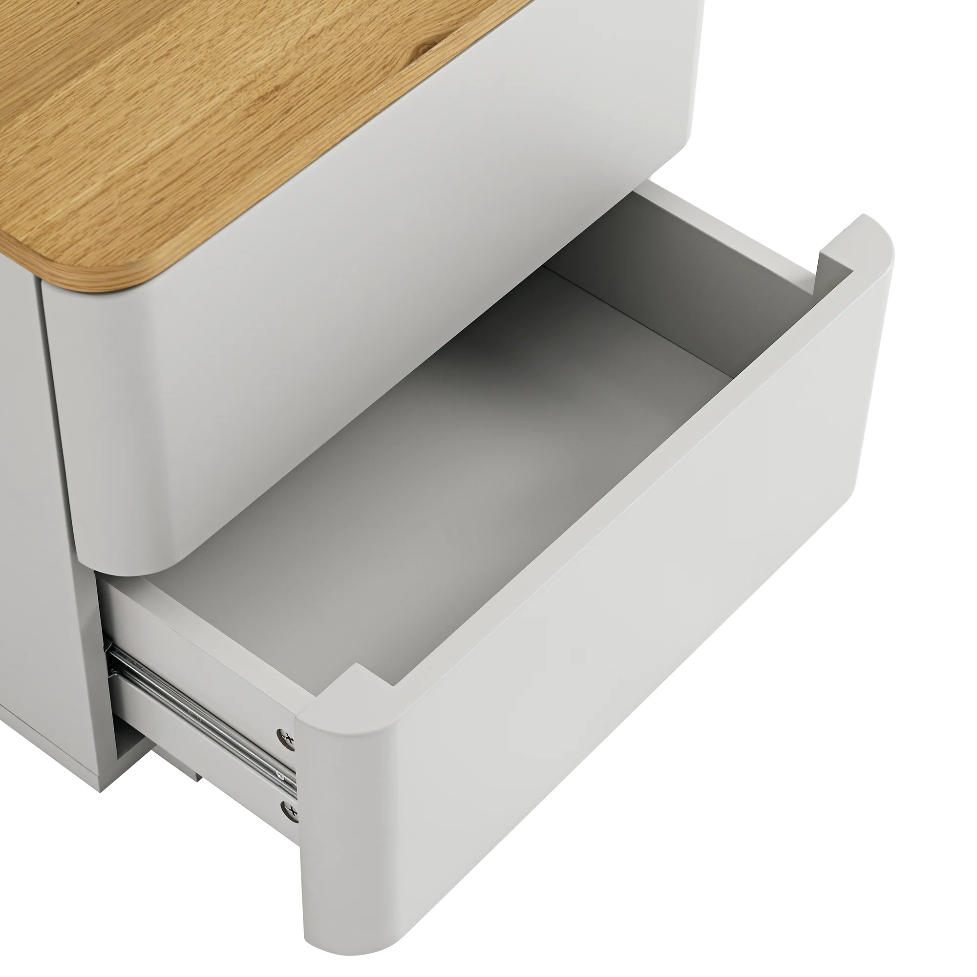Agnes Curved Edge 2 Drawer Bedside Table, Dove Grey with Oak Top - Image 13