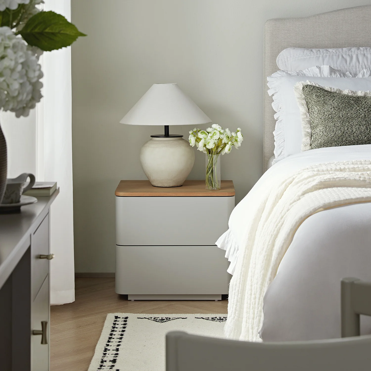 Agnes Curved Edge 2 Drawer Bedside Table, Dove Grey with Oak Top - Image 2