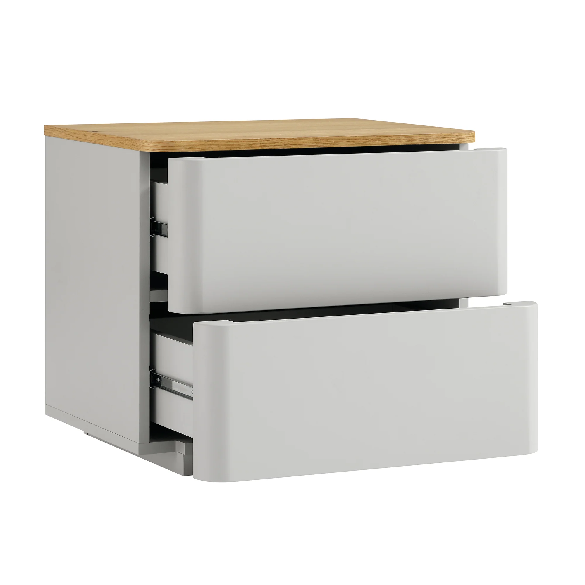 Agnes Curved Edge 2 Drawer Bedside Table, Dove Grey with Oak Top - Image 9