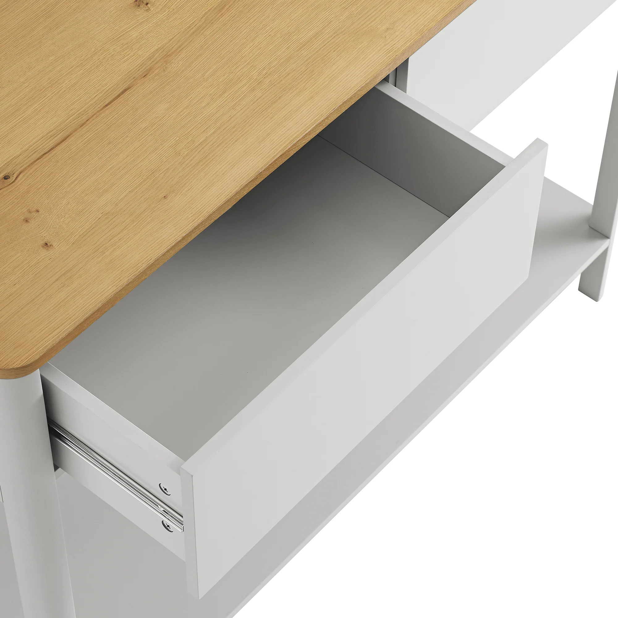 Agnes Curved Edge 2 Drawer Console Table, Dove Grey with Oak Top - Image 12