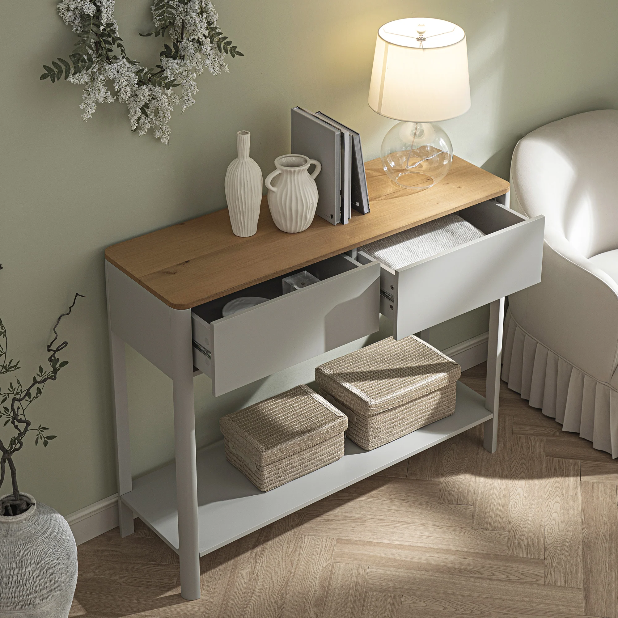 Agnes Curved Edge 2 Drawer Console Table, Dove Grey with Oak Top - Image 3