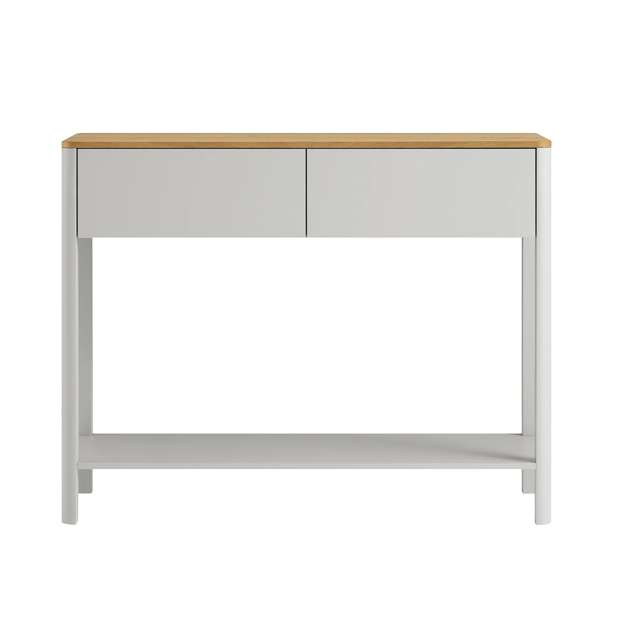 Agnes Curved Edge 2 Drawer Console Table, Dove Grey with Oak Top - Image 5