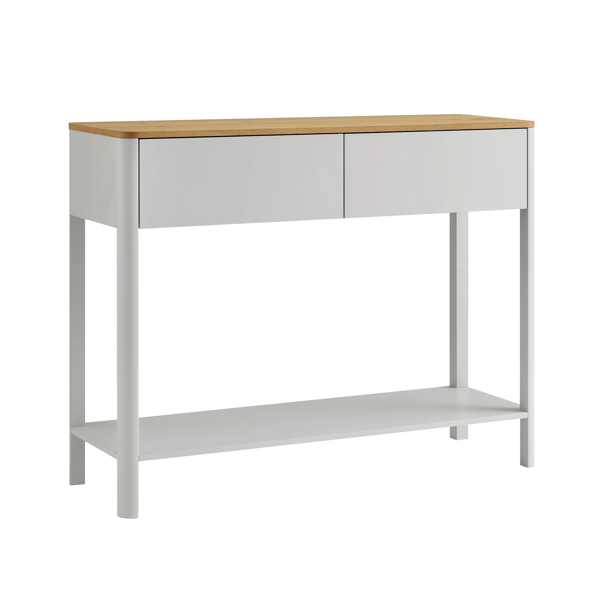 Agnes Curved Edge 2 Drawer Console Table, Dove Grey with Oak Top - Image 6