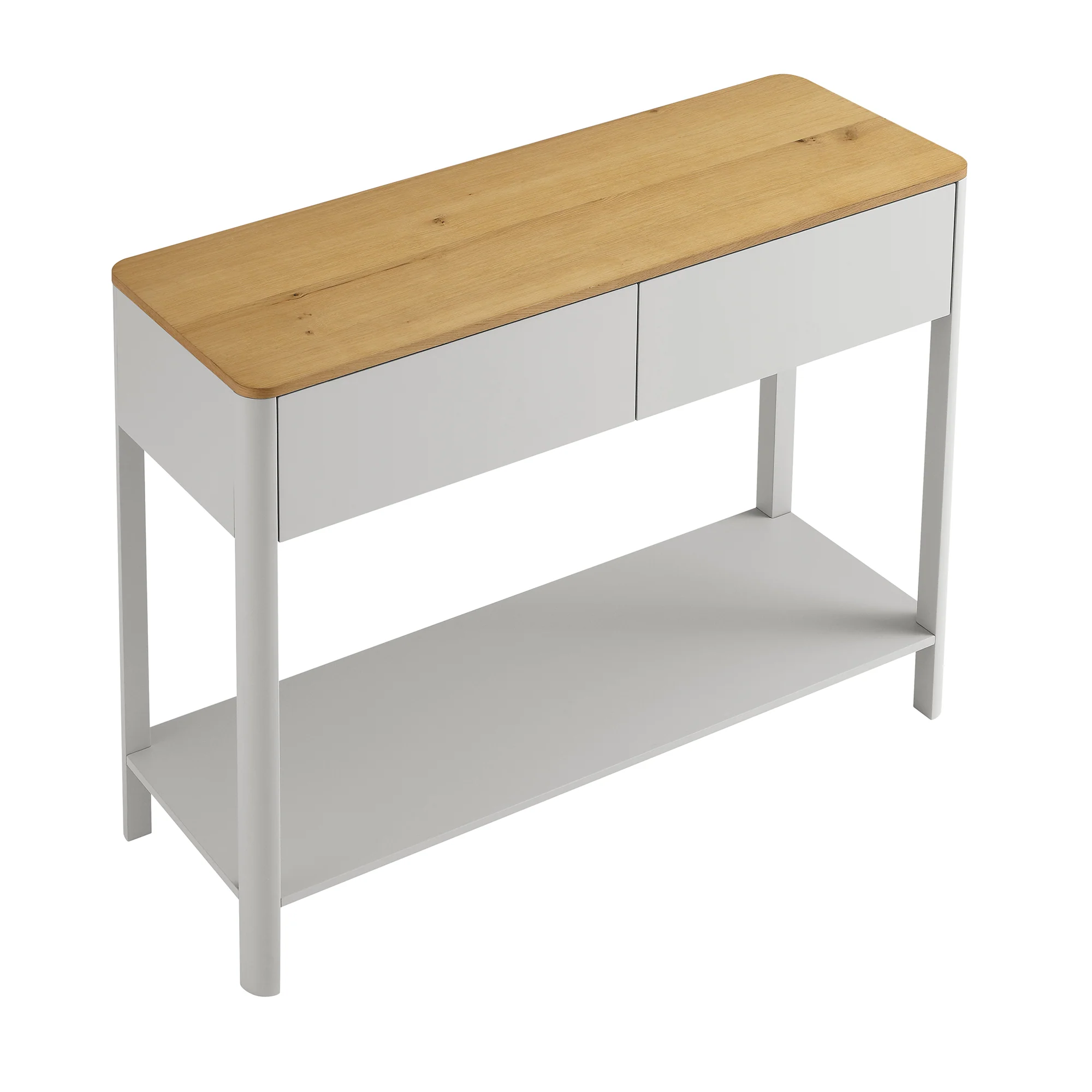 Agnes Curved Edge 2 Drawer Console Table, Dove Grey with Oak Top - Image 9