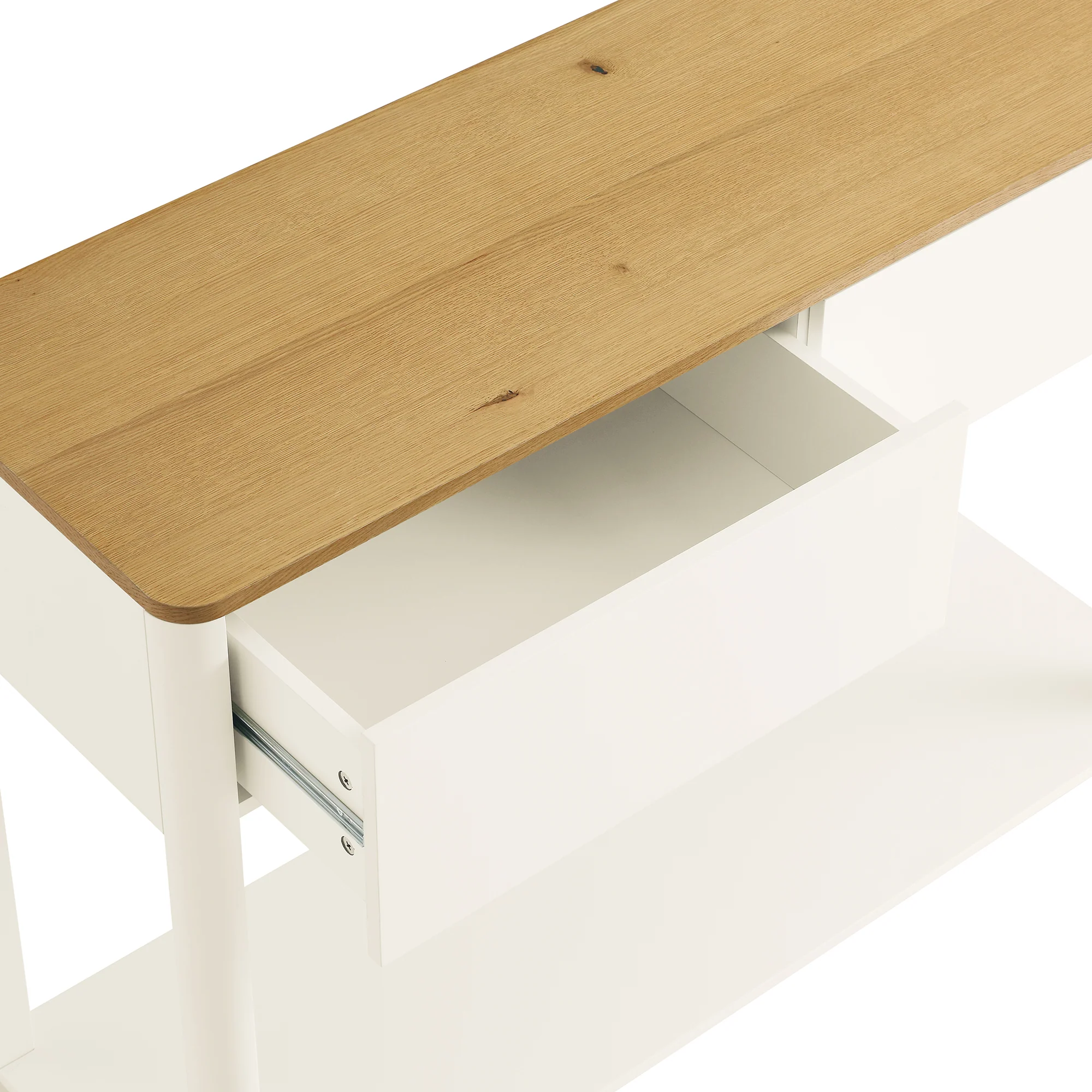 Agnes Curved Edge 2 Drawer Console Table, Off White with Oak Top - Image 12