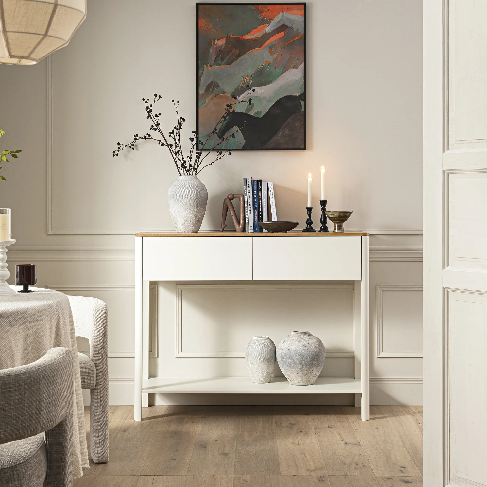 Agnes Curved Edge 2 Drawer Console Table, Off White with Oak Top - Image 2