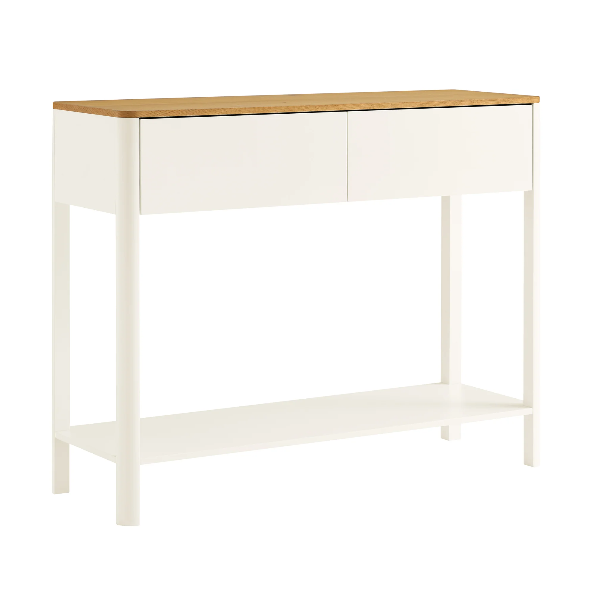 Agnes Curved Edge 2 Drawer Console Table, Off White with Oak Top - Image 6