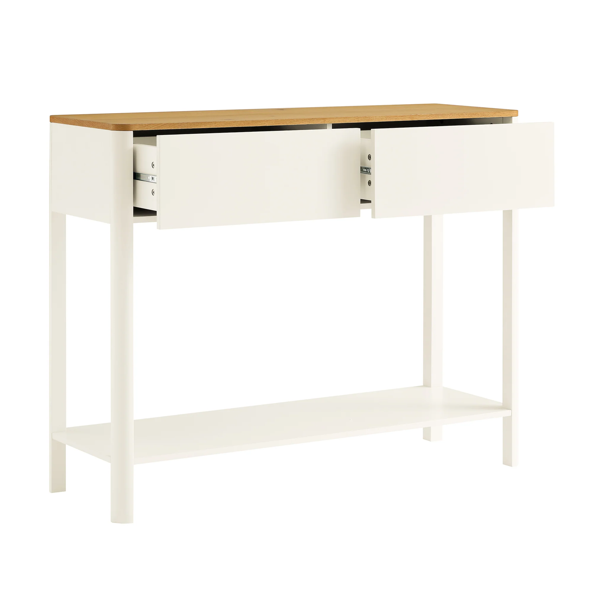 Agnes Curved Edge 2 Drawer Console Table, Off White with Oak Top - Image 8