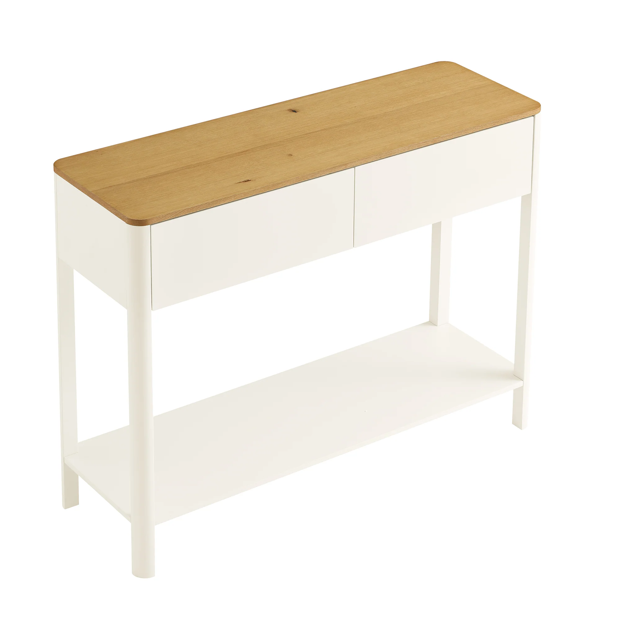 Agnes Curved Edge 2 Drawer Console Table, Off White with Oak Top - Image 9