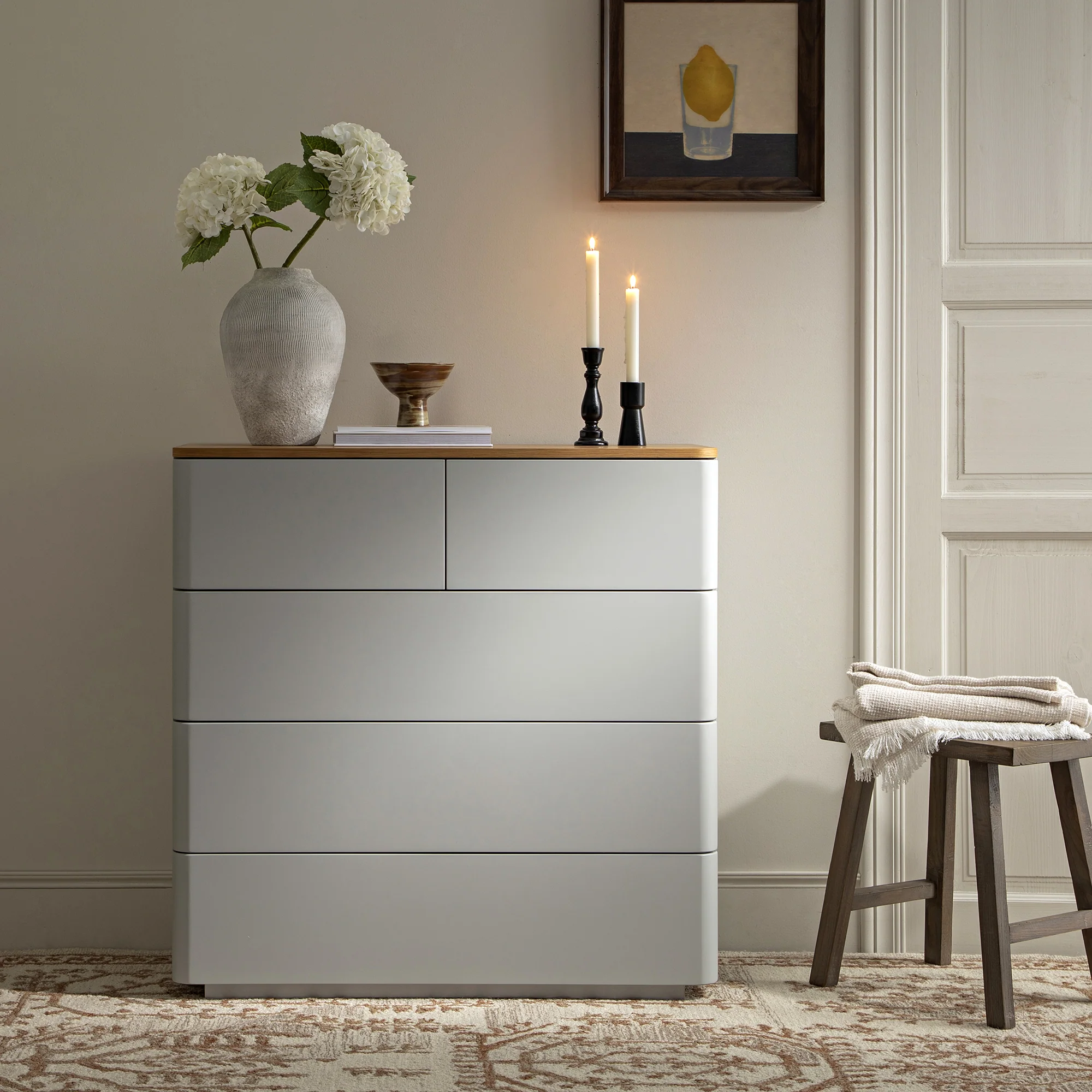 Agnes Curved Edge 2 over 3 Chest of Drawers, Dove Grey with Oak Top - Image 2