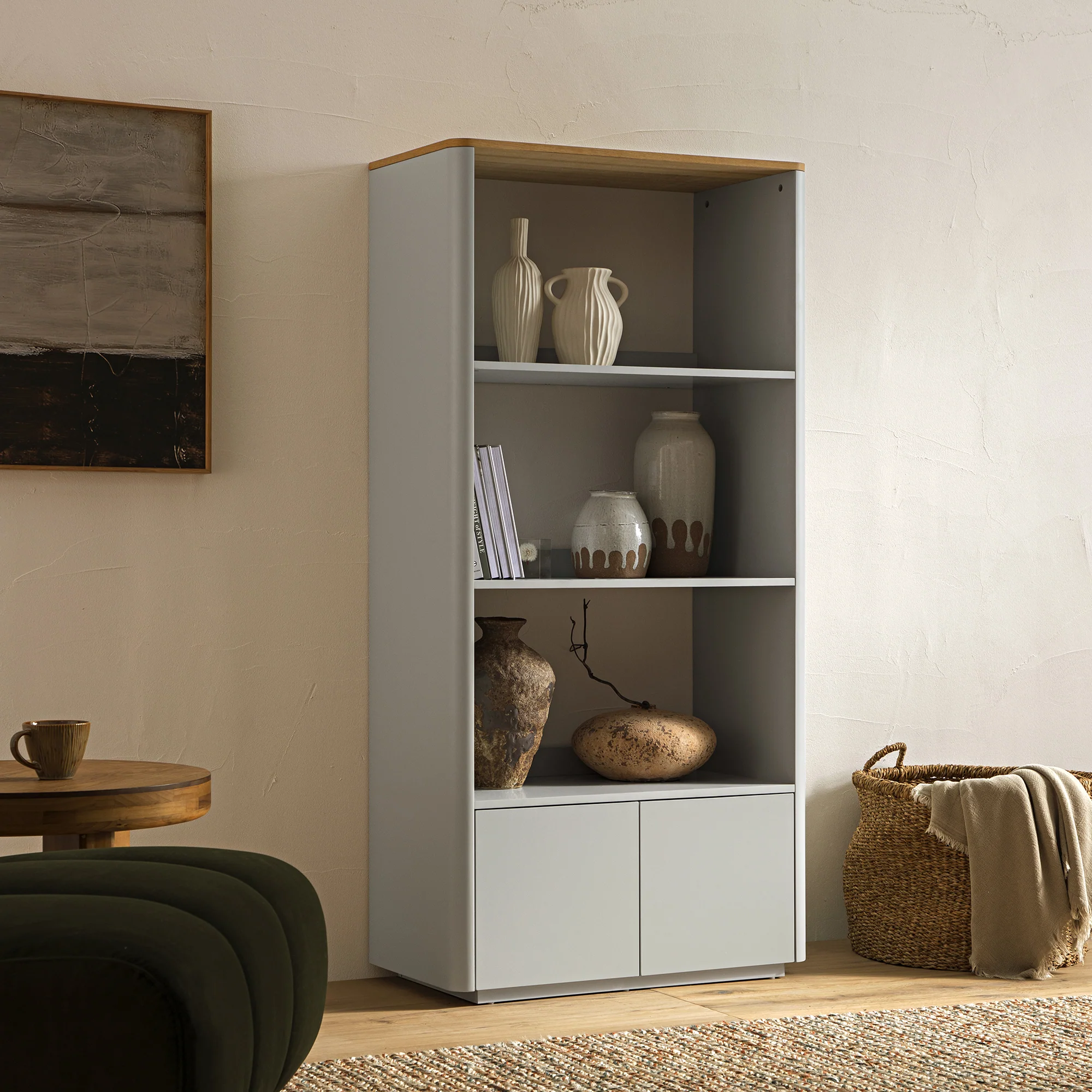Agnes Curved Edge Bookcase, Dove Grey with Oak Top - Image 2