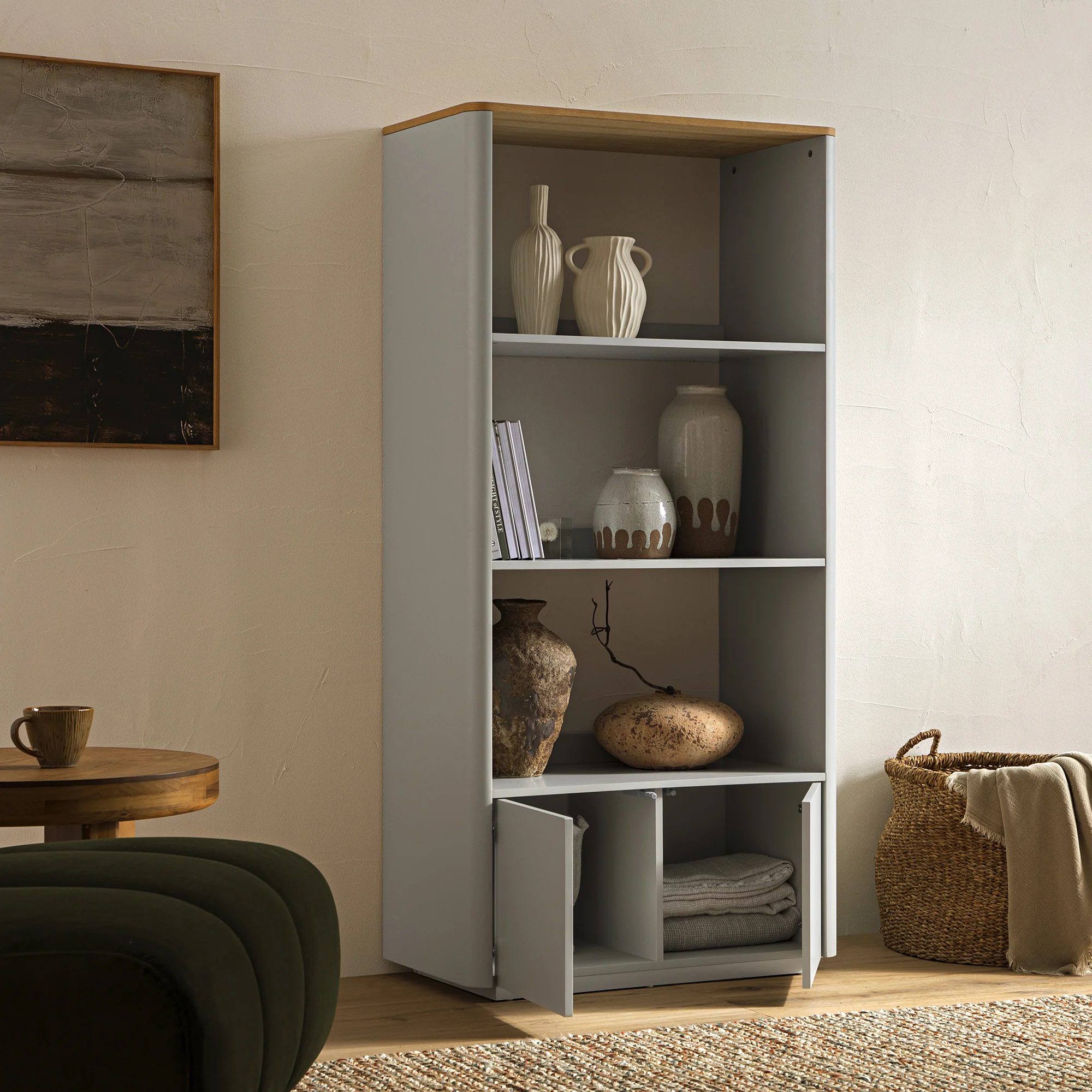Agnes Curved Edge Bookcase, Dove Grey with Oak Top - Image 3