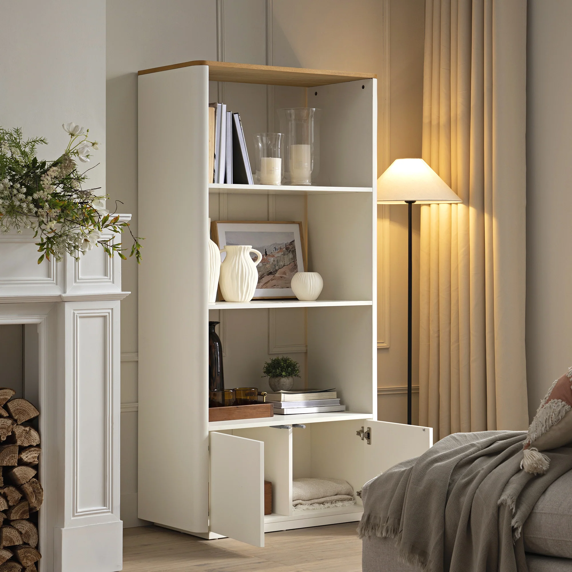 Agnes Curved Edge Bookcase, Off White with Oak Top - Image 3