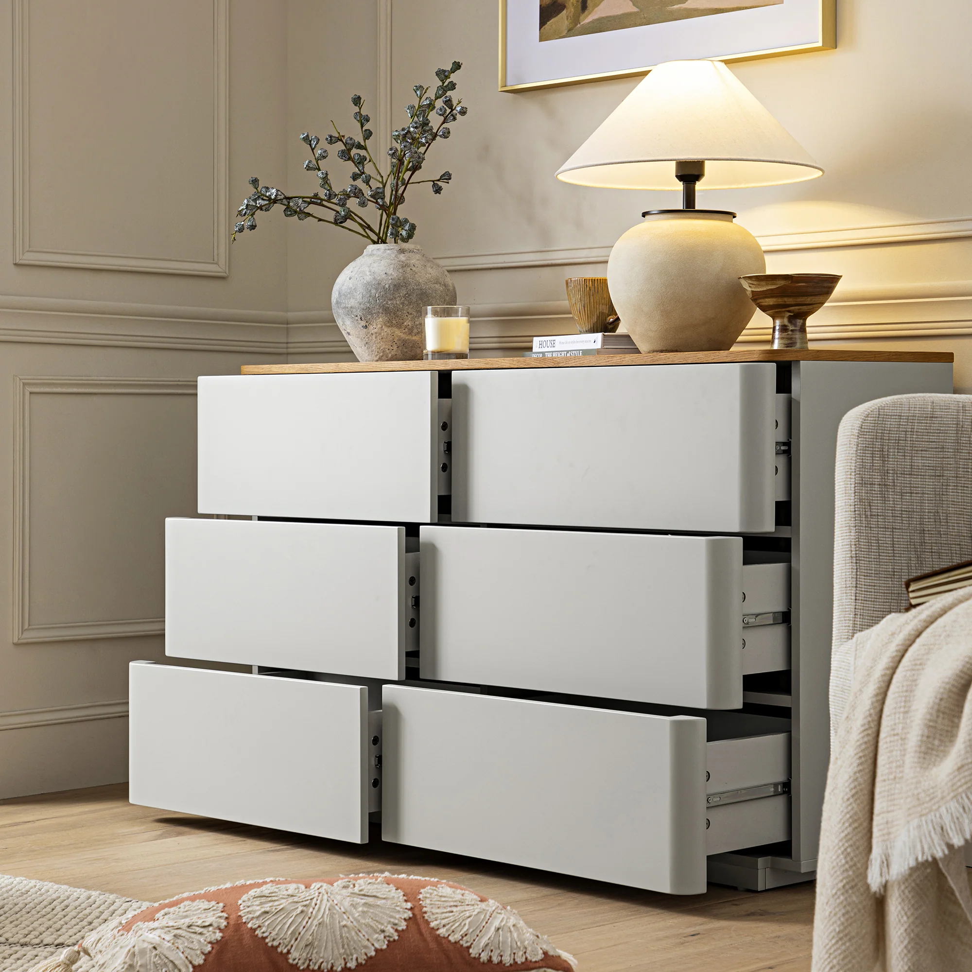 Agnes Curved Edge Chest of 6 Drawers, Dove Grey with Oak Top - Image 3