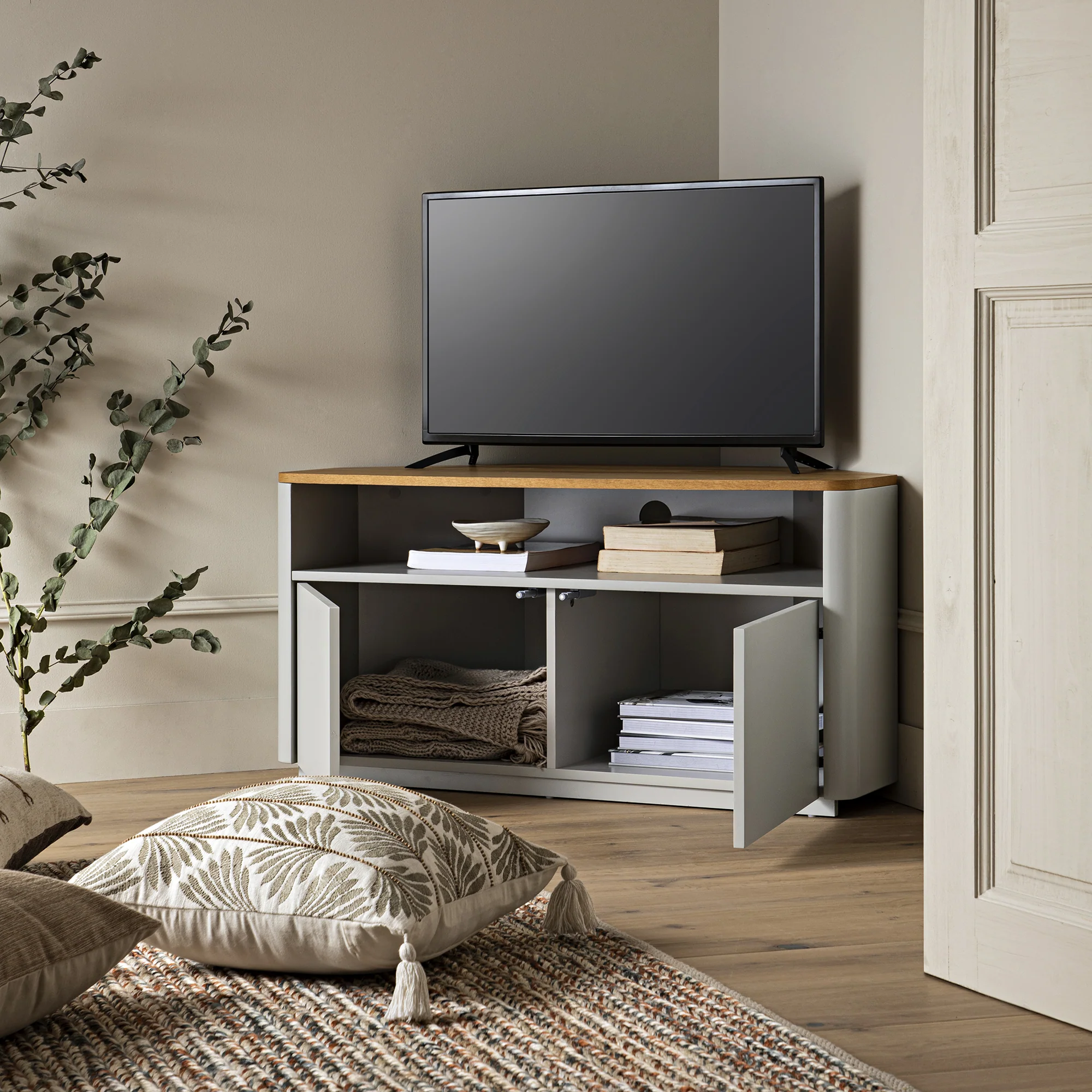 Agnes Curved Edge Corner TV Unit, Dove Grey with Oak Top - Image 2