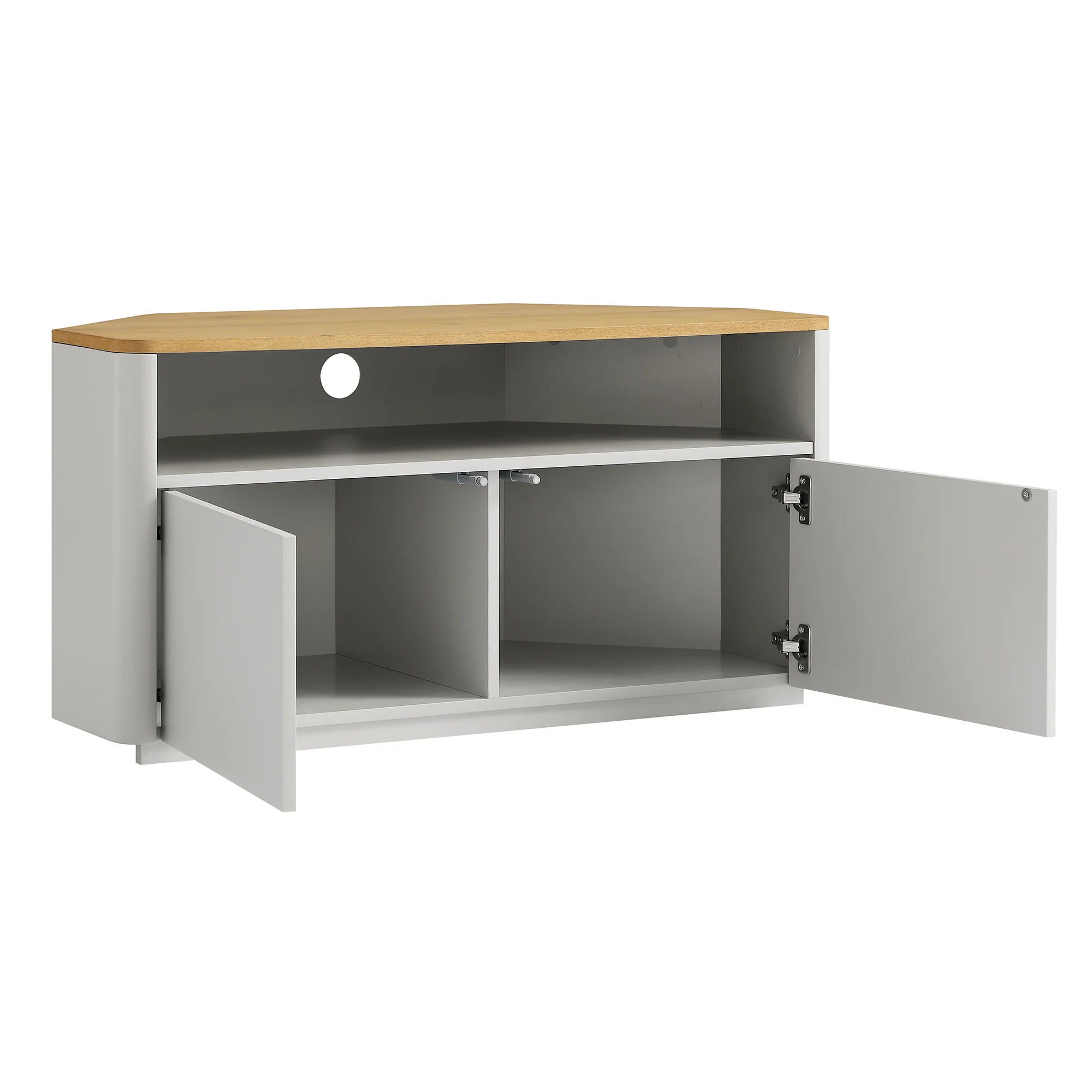 Agnes Curved Edge Corner TV Unit, Dove Grey with Oak Top - Image 7