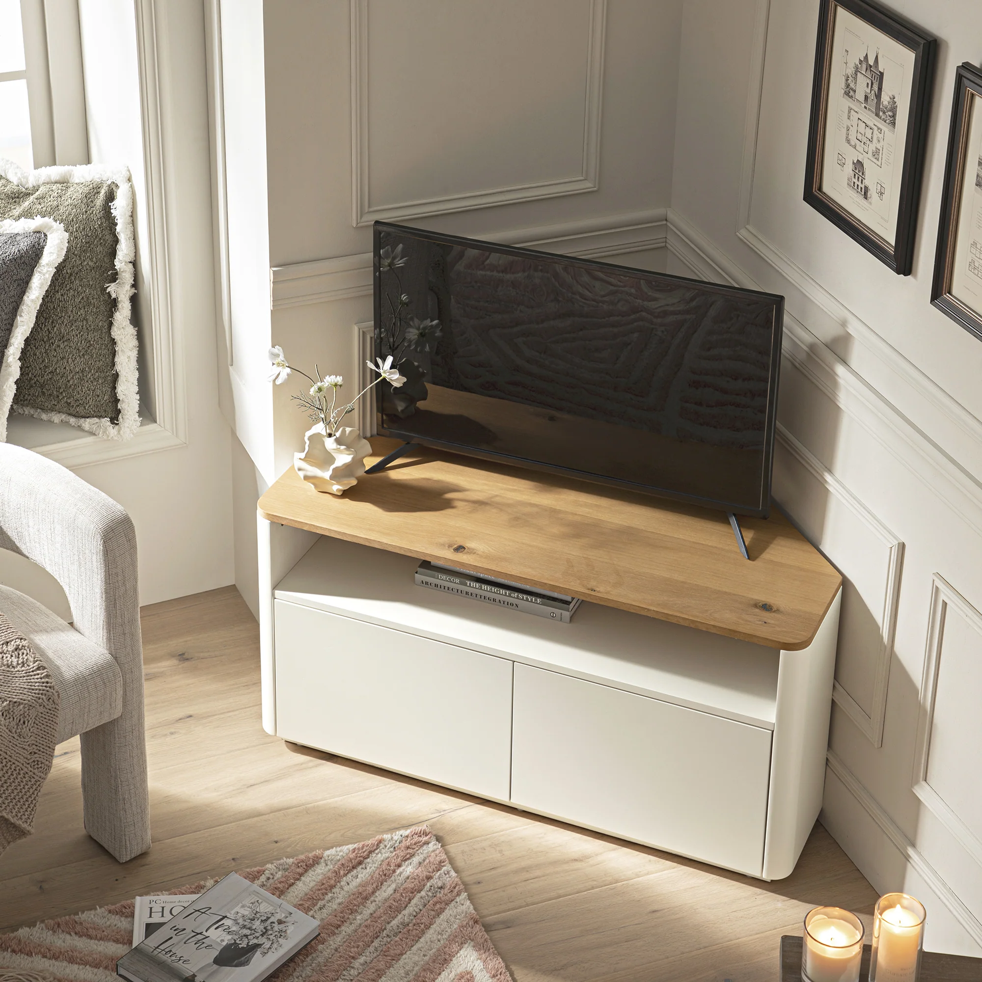 Agnes Curved Edge Corner TV Unit, Off White with Oak Top - Image 4
