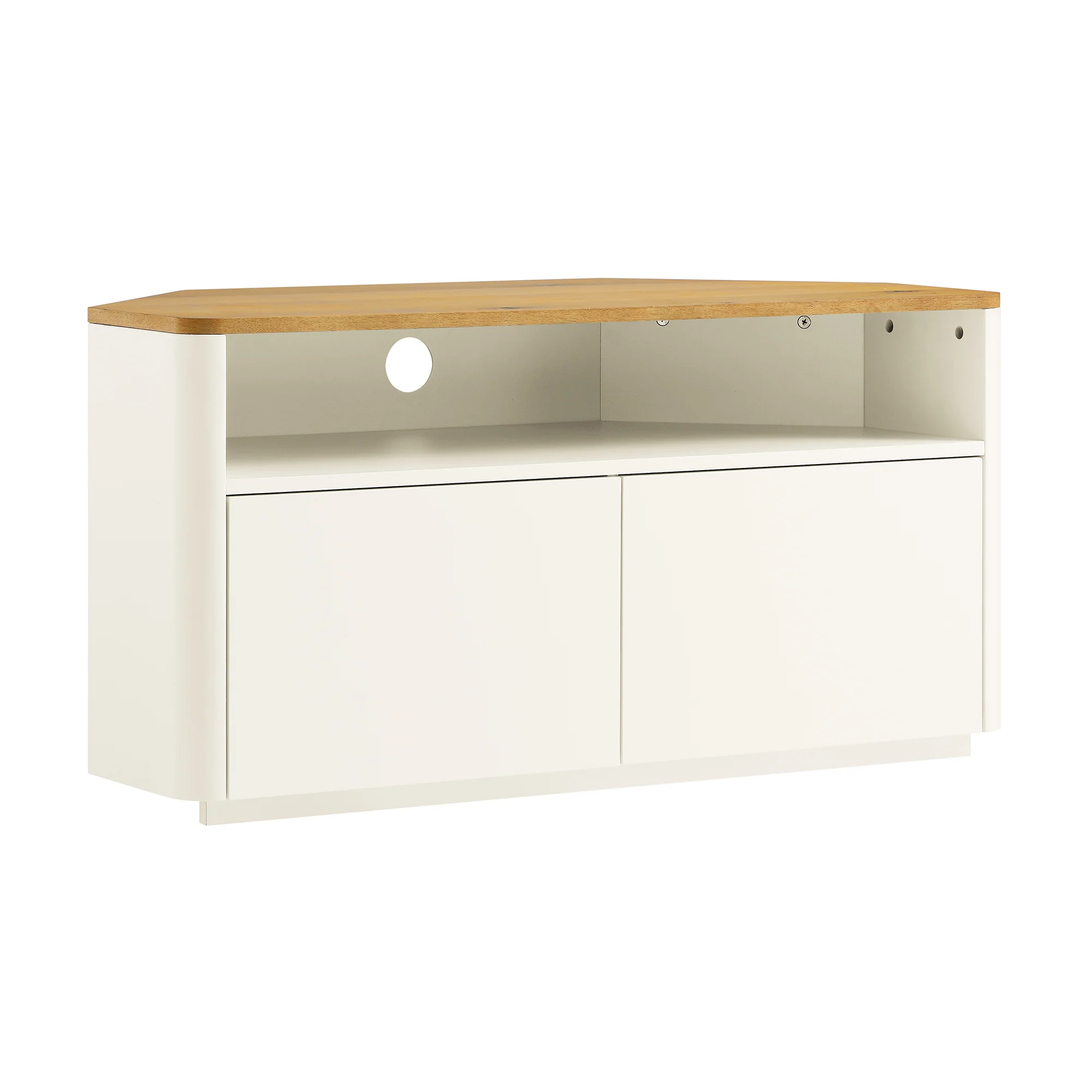 Agnes Curved Edge Corner TV Unit, Off White with Oak Top - Image 5