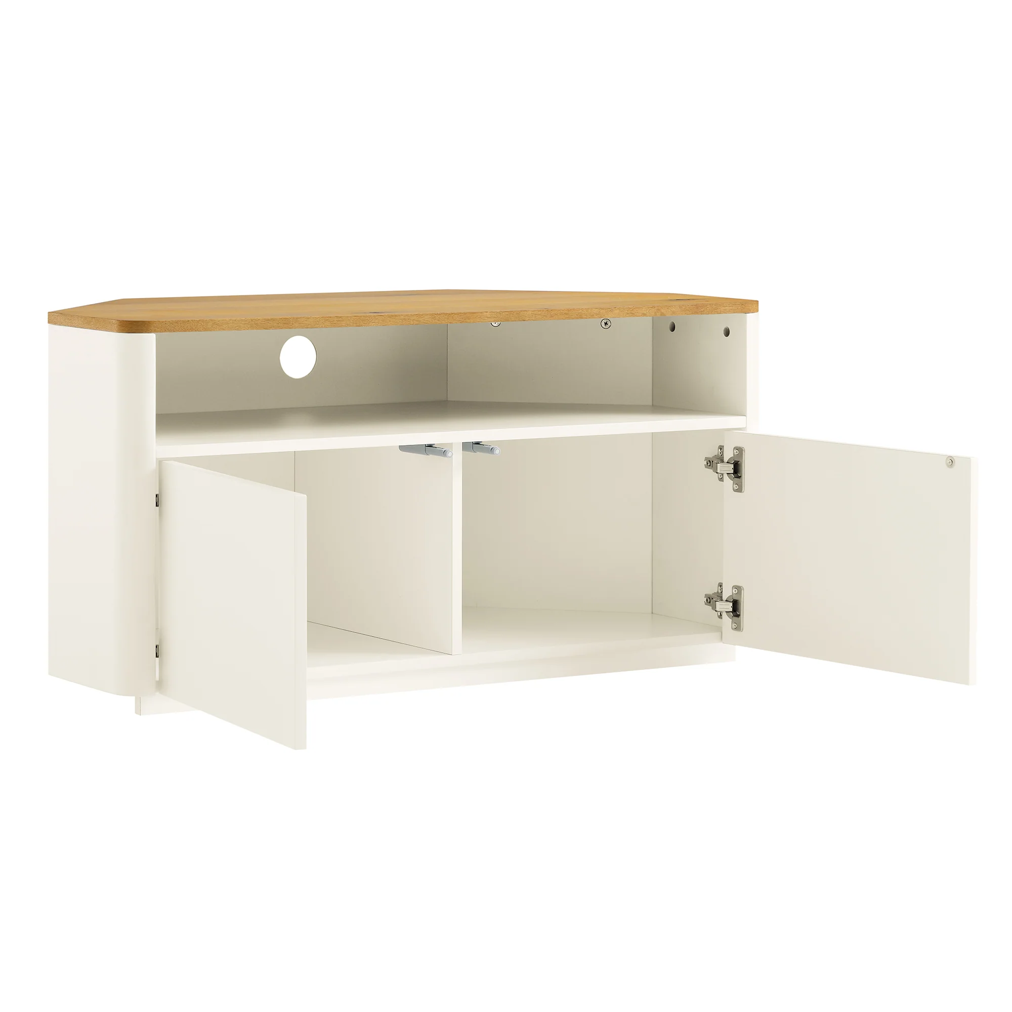 Agnes Curved Edge Corner TV Unit, Off White with Oak Top - Image 8