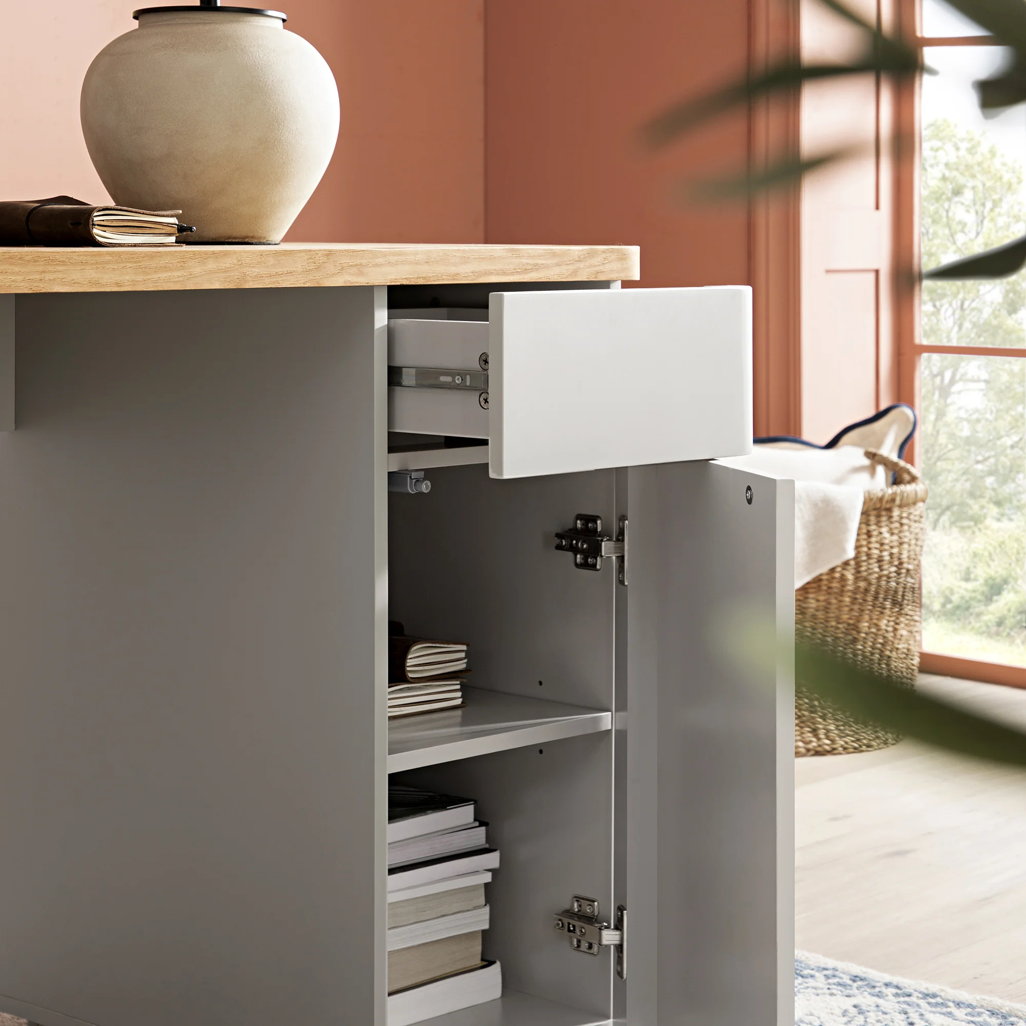 Agnes Curved Edge Desk with Storage, Dove Grey with Oak Top - Image 4