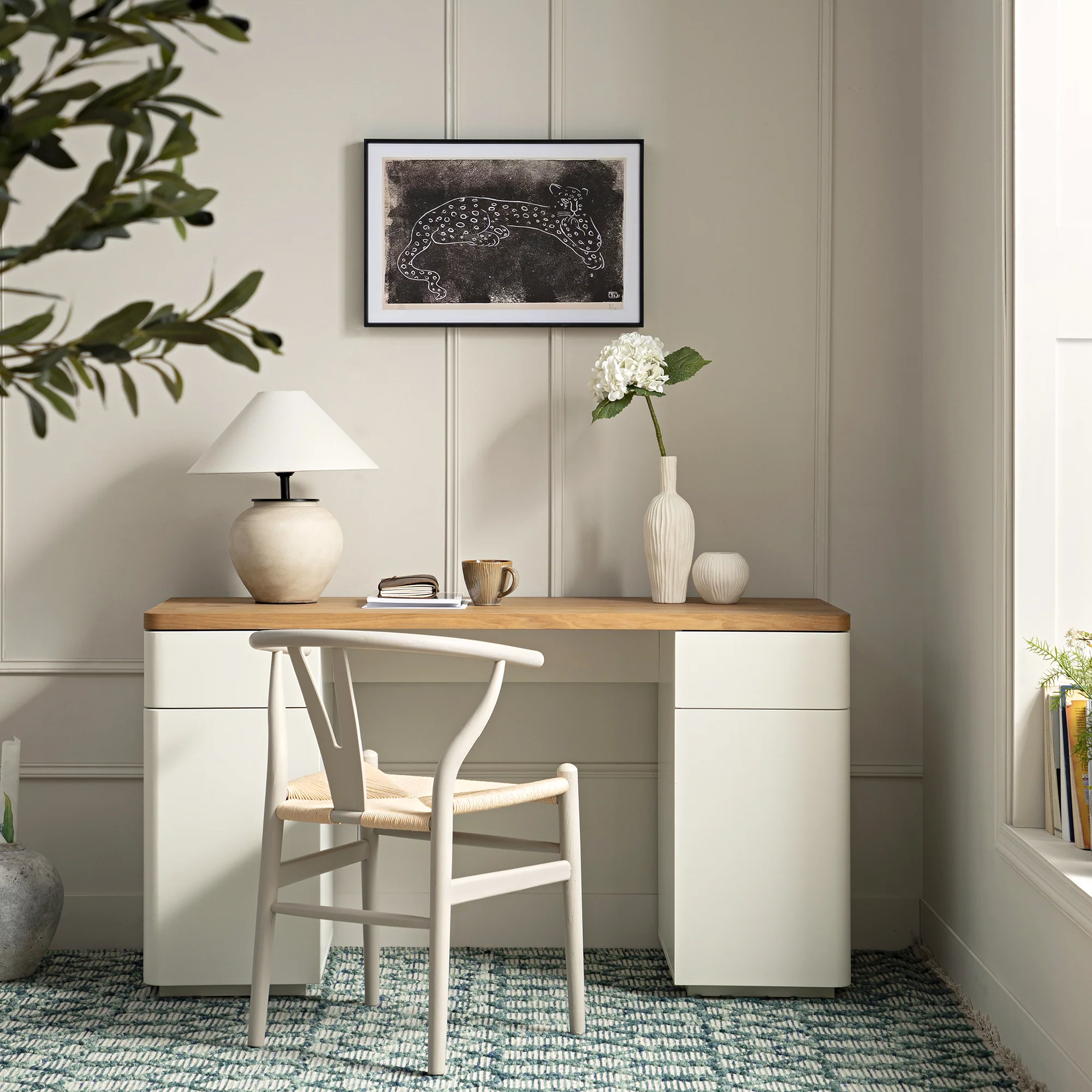 Agnes Curved Edge Desk with Storage, Off White with Oak Top - Image 2