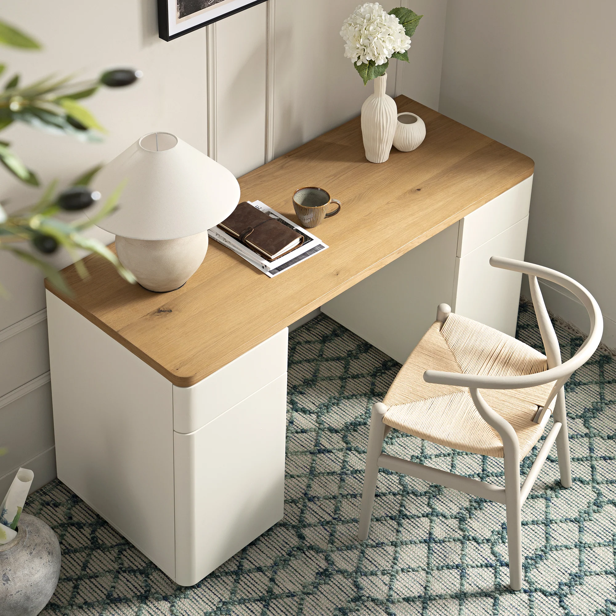 Agnes Curved Edge Desk with Storage, Off White with Oak Top - Image 3