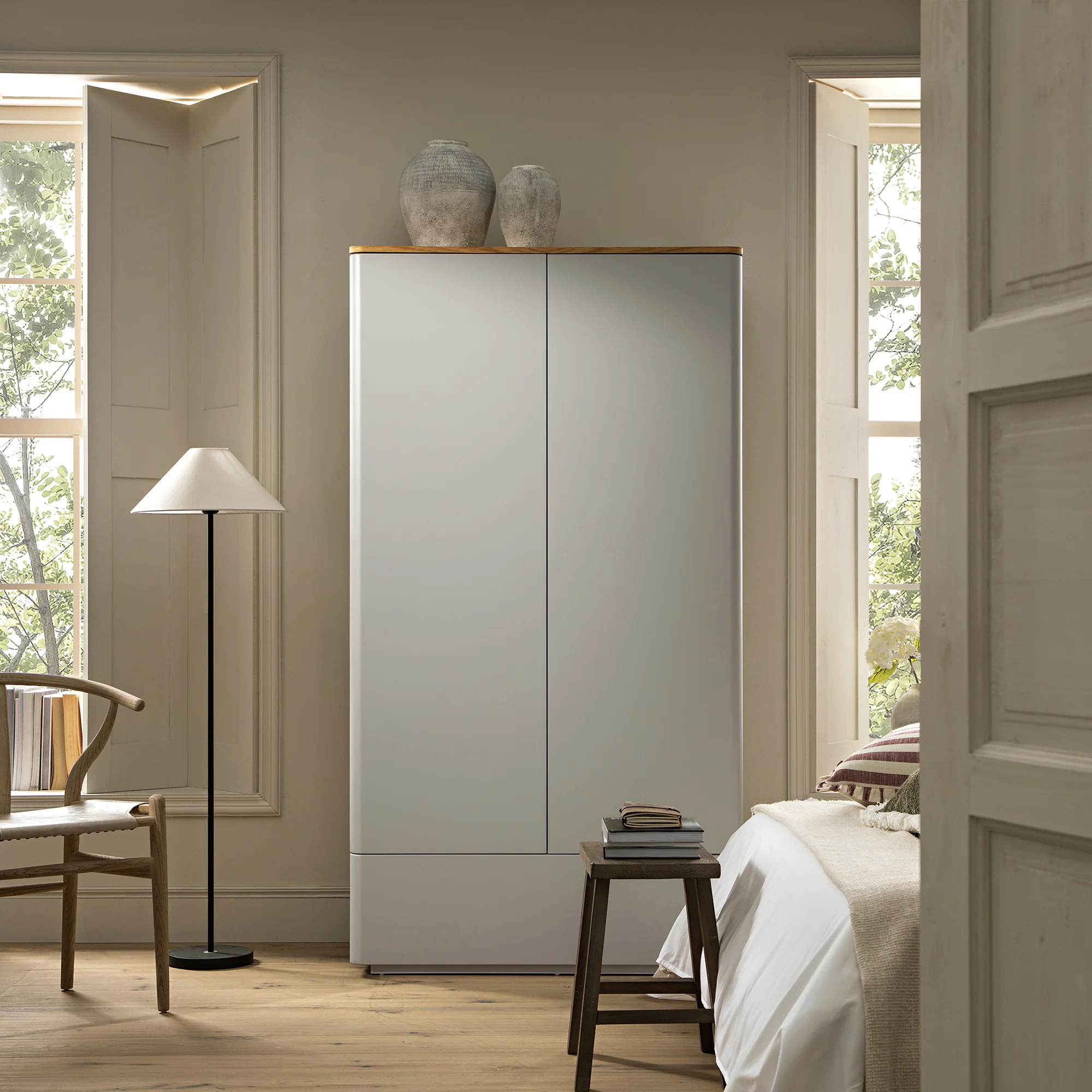 Agnes Curved Edge Double Wardrobe, Dove Grey with Oak Top - Image 2